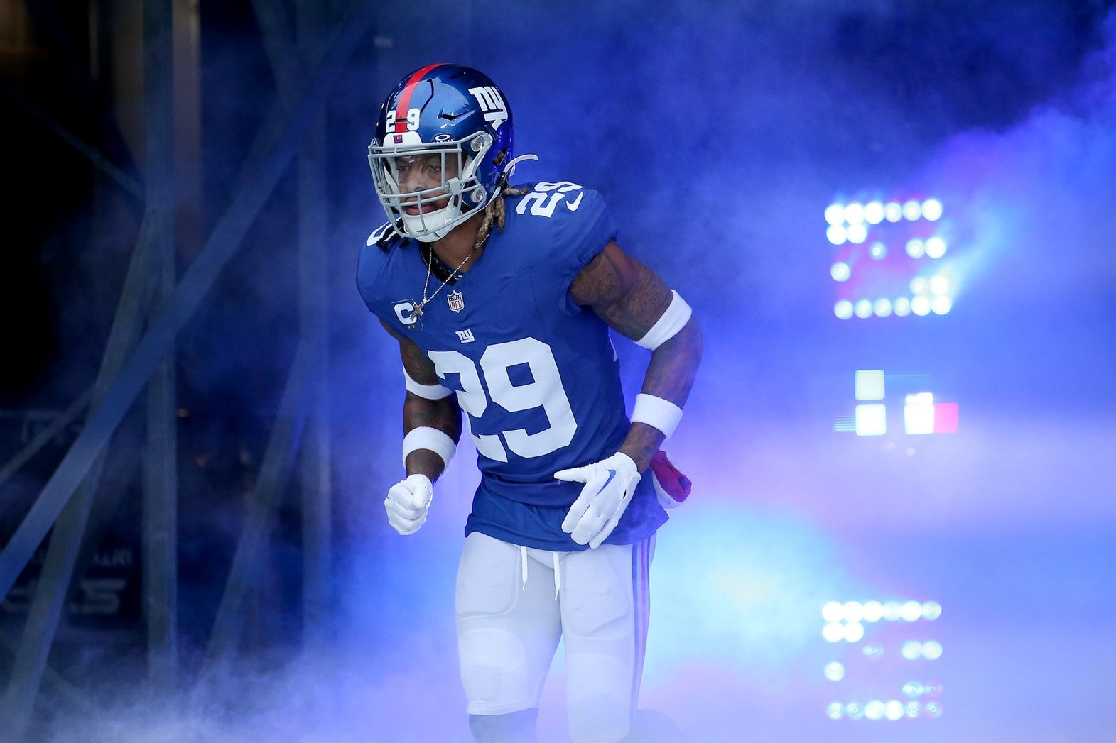 New York Giants safety Xavier McKinney (29) is introduced before a game against the Los Angeles Rams at MetLife Stadium.