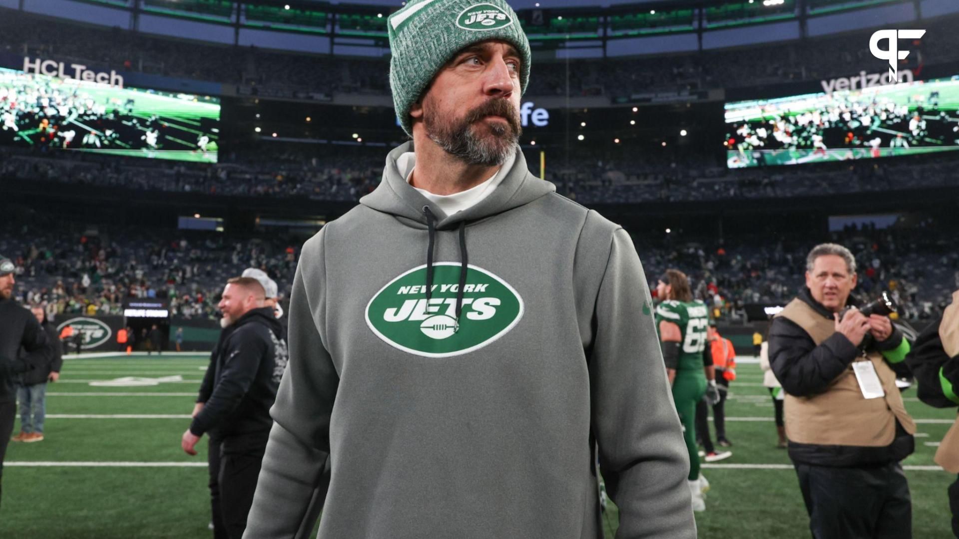 New York Jets quarterback Aaron Rodgers (8) on the field after the game against the Washington Commanders at MetLife Stadium.