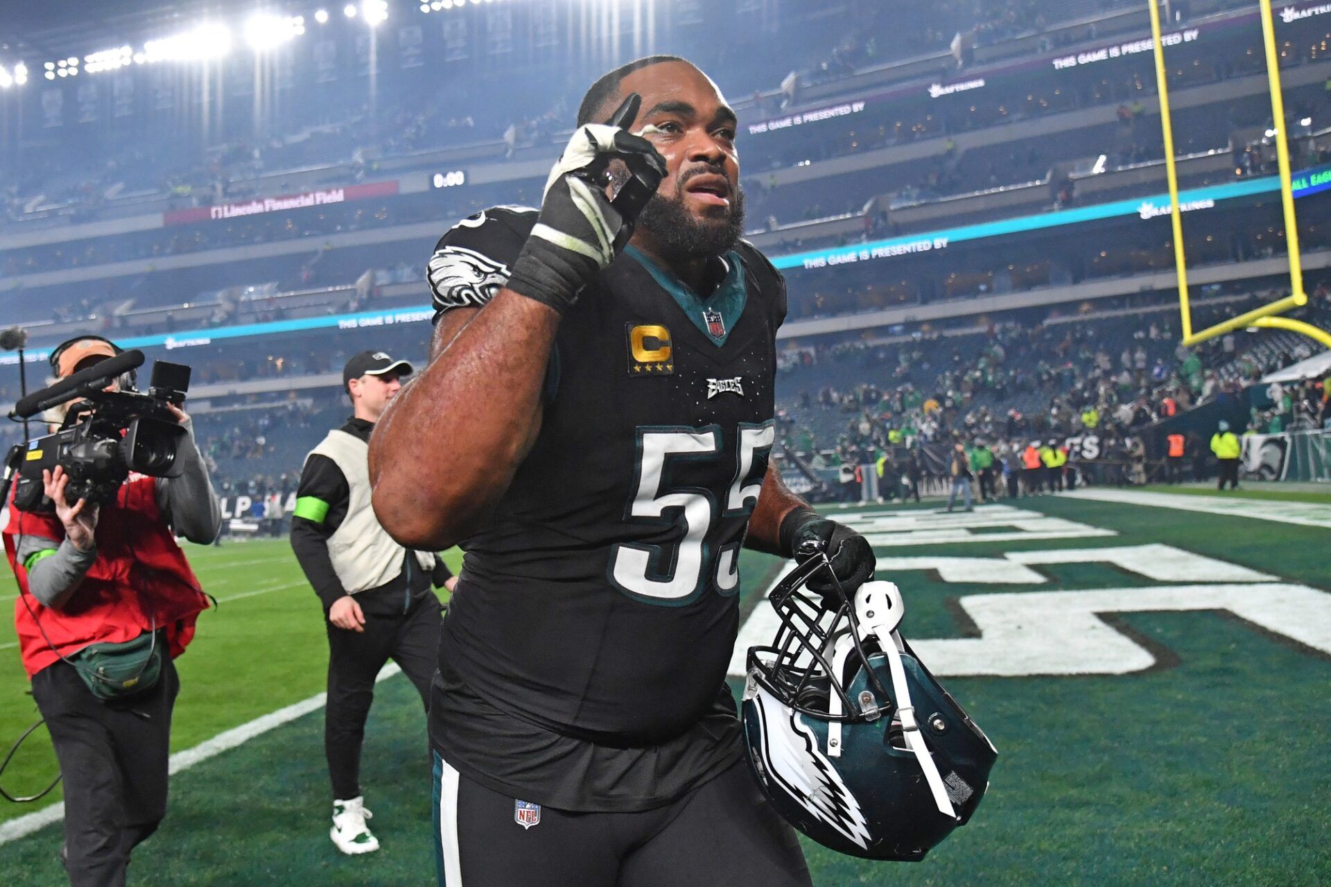 Philadelphia Eagles DE Brandon Graham (55) runs off the field after a win over the New York Giants.