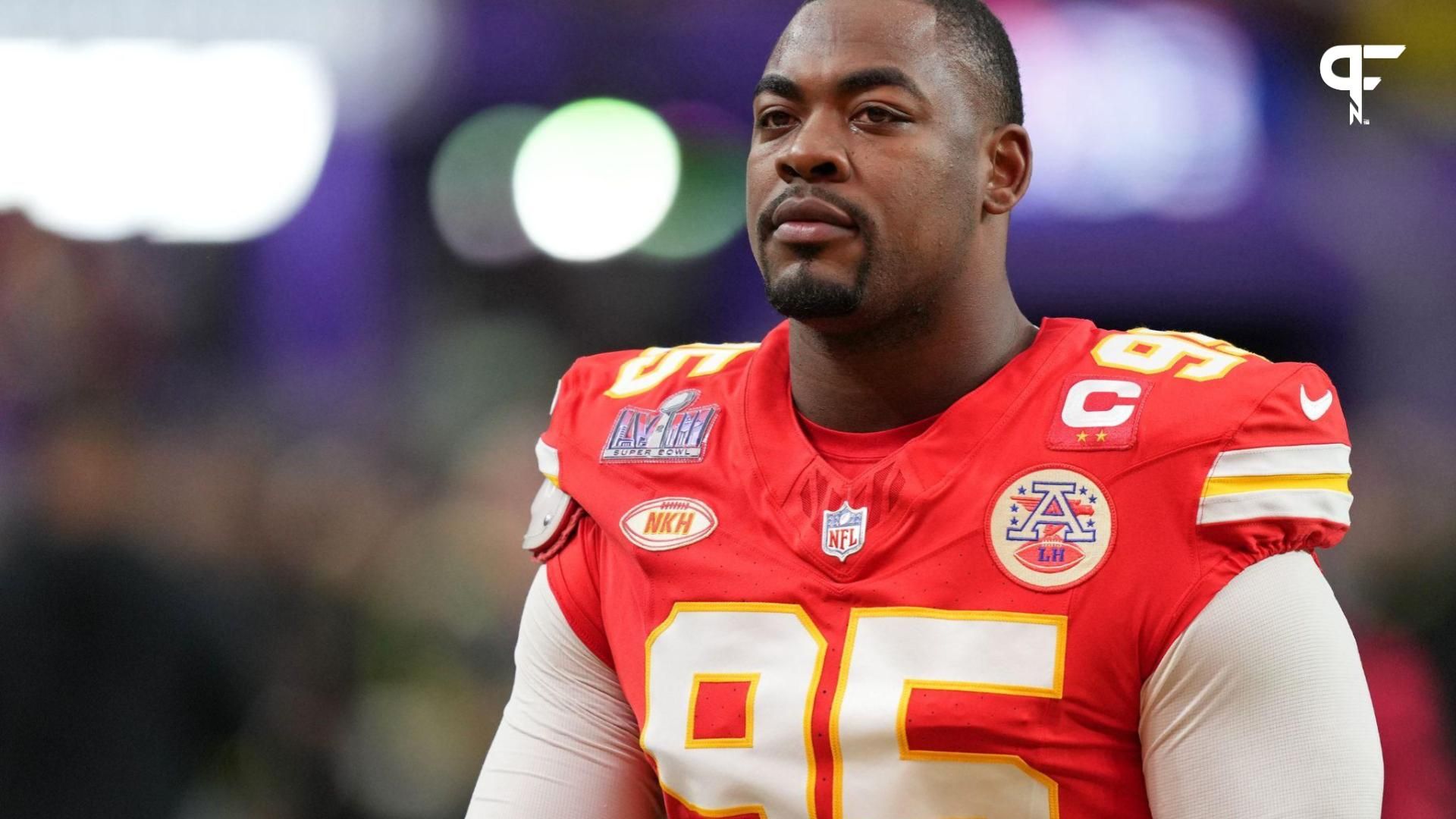 Kansas City Chiefs defensive tackle Chris Jones (95) warms up before Super Bowl LVIII against the San Francisco 49ers at Allegiant Stadium.