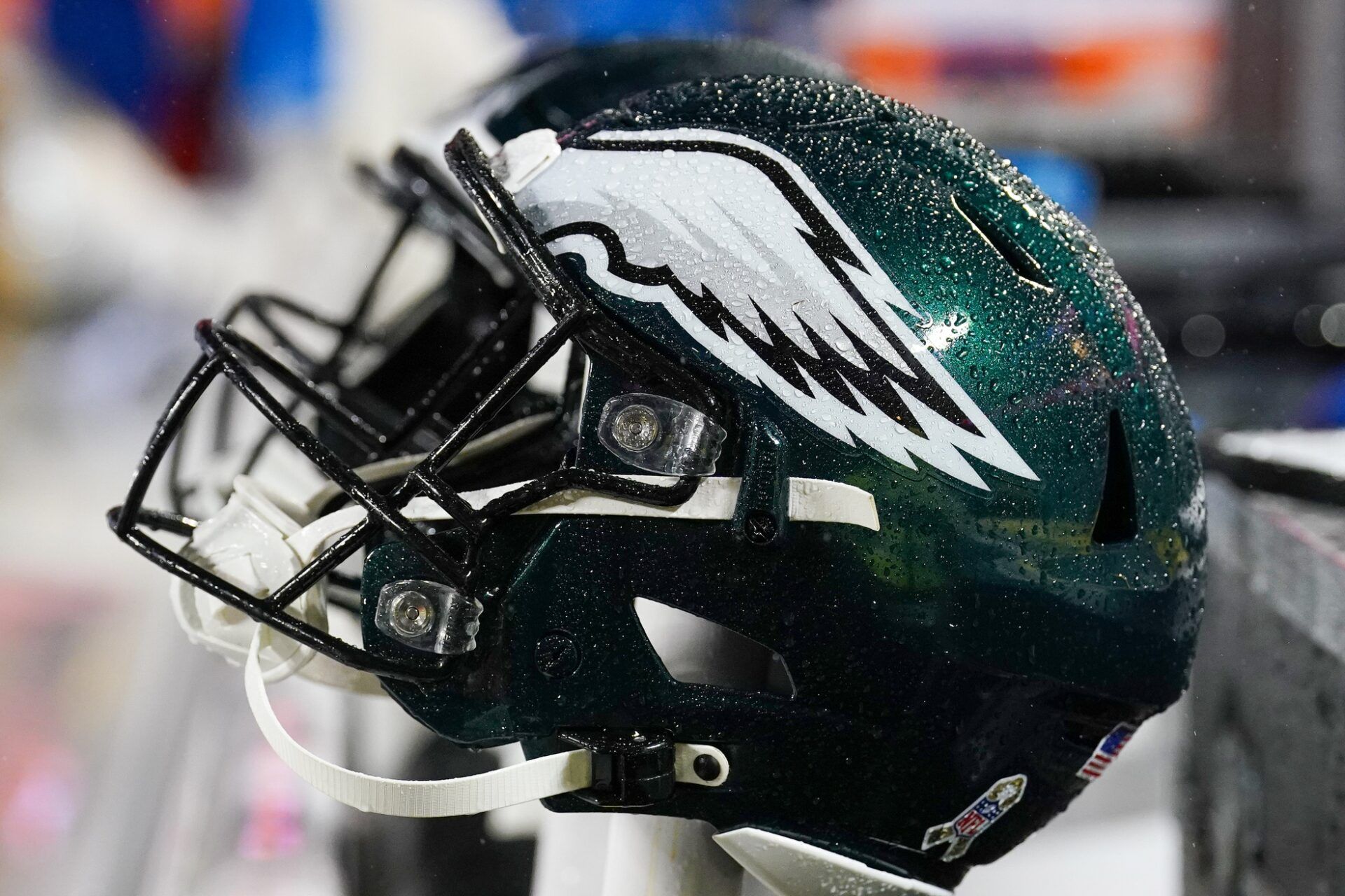 A general view of a Philadelphia Eagles helmet against the Kansas City Chiefs prior to a game at GEHA Field at Arrowhead Stadium.