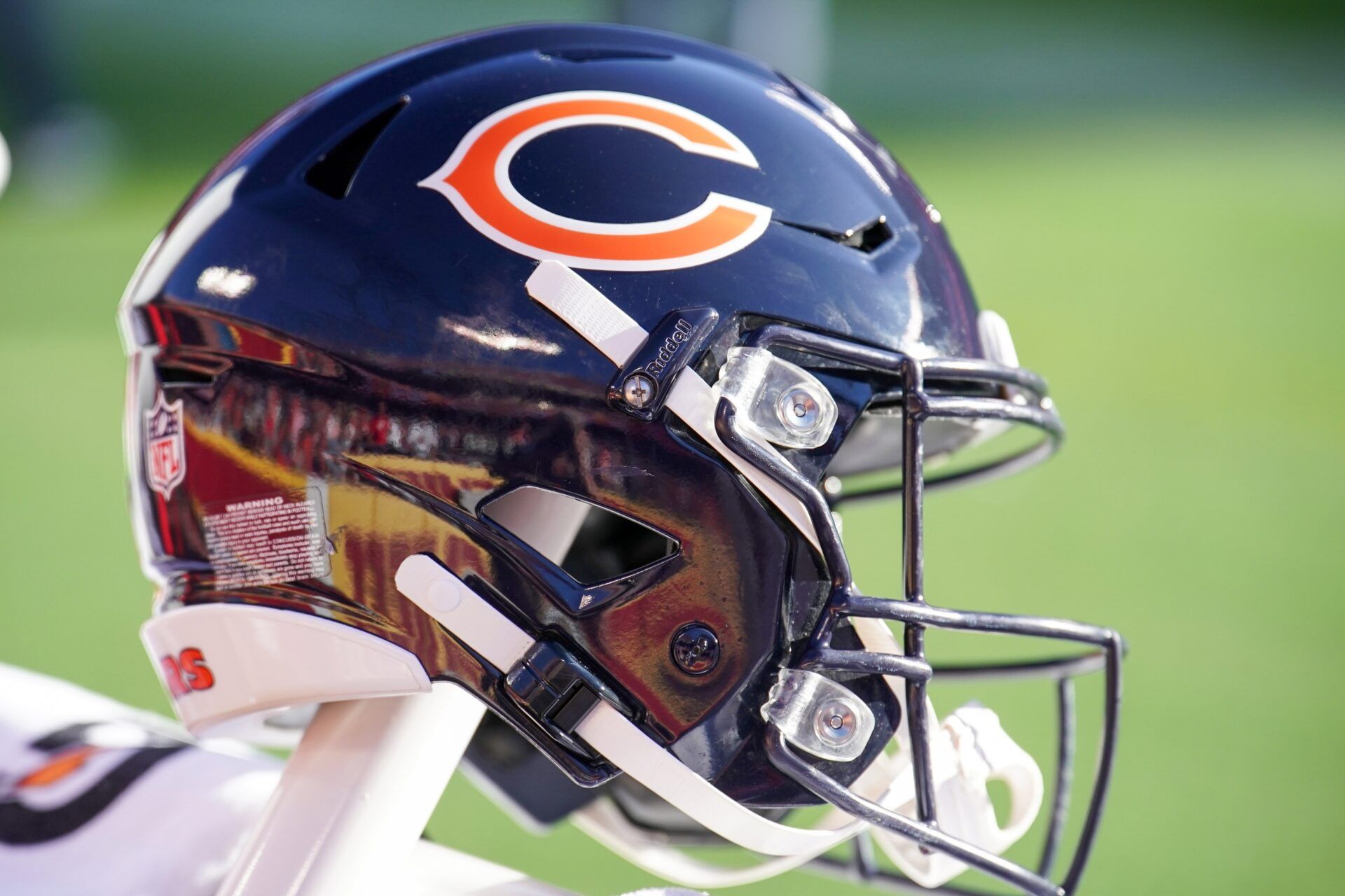 A general view of a Chicago Bears helmet against the Kansas City Chiefs during the game at GEHA Field at Arrowhead Stadium.