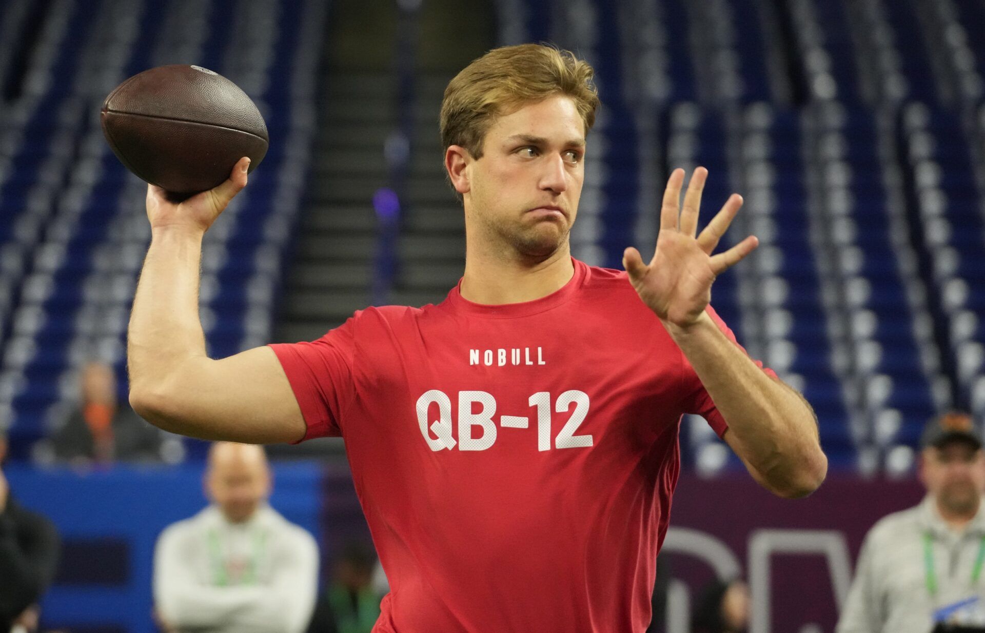 Brigham Young quarterback Kedon Slovis (QB12) during the 2024 NFL Combine at Lucas Oil Stadium.