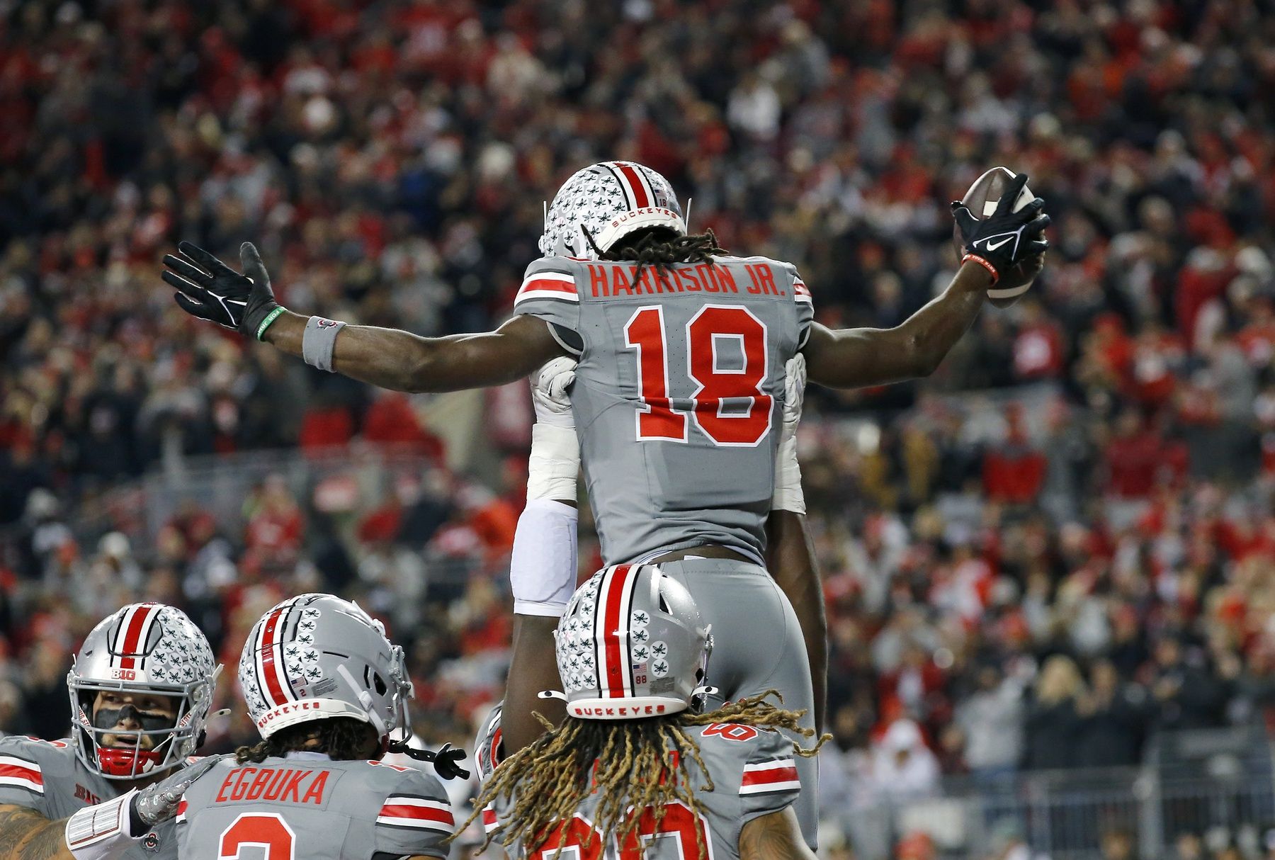 Ohio State Buckeyes wide receiver Marvin Harrison Jr. (18) celebrates his touchdown during the first quarter against the Michigan State Spartans at Ohio Stadium.