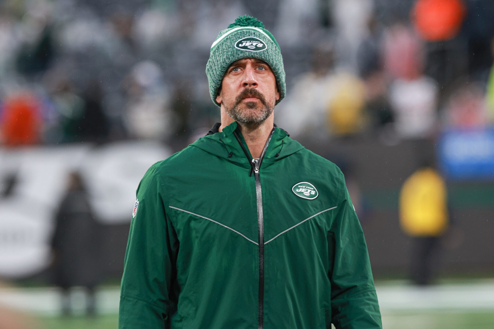 New York Jets quarterback Aaron Rodgers (8) on the field after the game against the Houston Texans at MetLife Stadium.