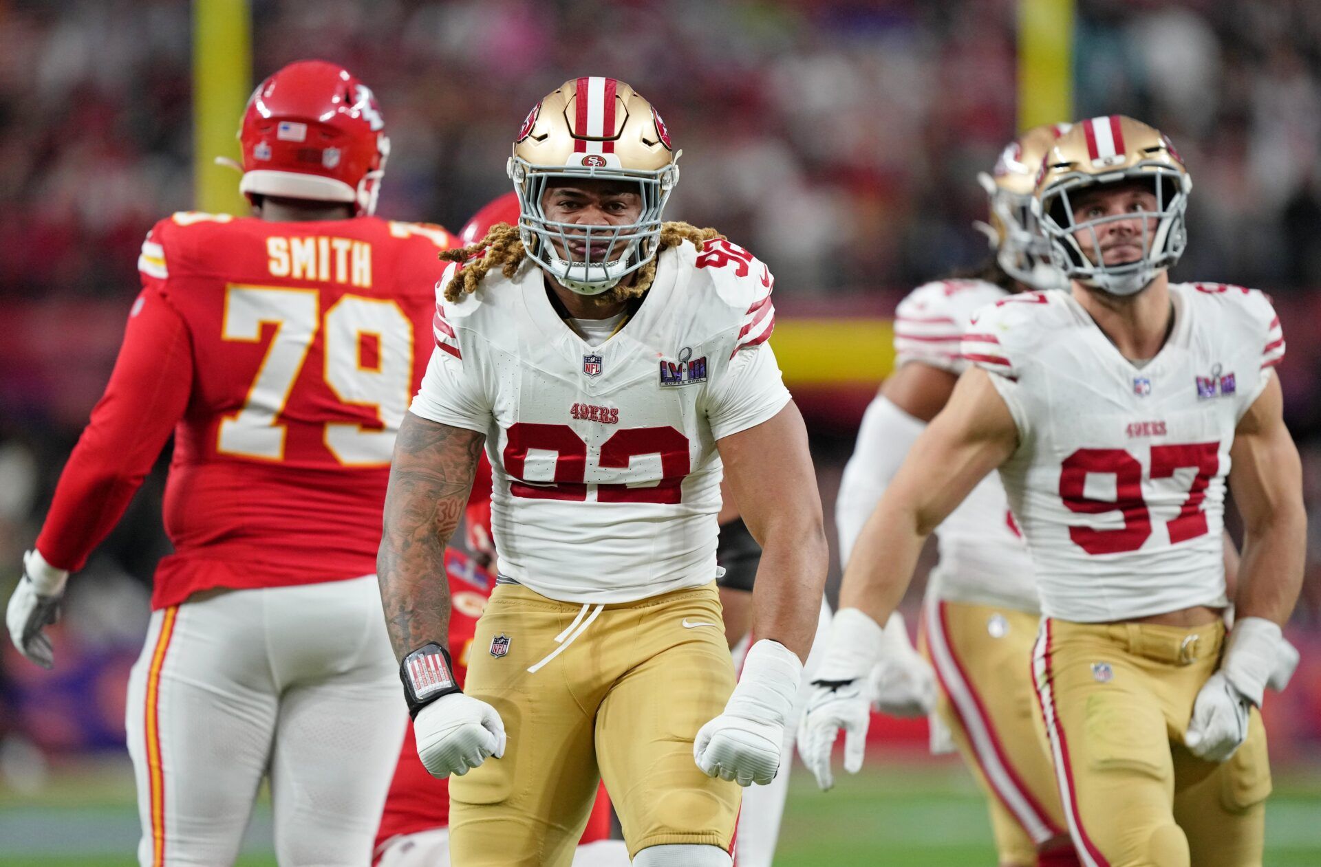 San Francisco 49ers defensive end Chase Young (92) reacts after a play against the Kansas City Chiefs during the first quarter of Super Bowl LVIII at Allegiant Stadium.