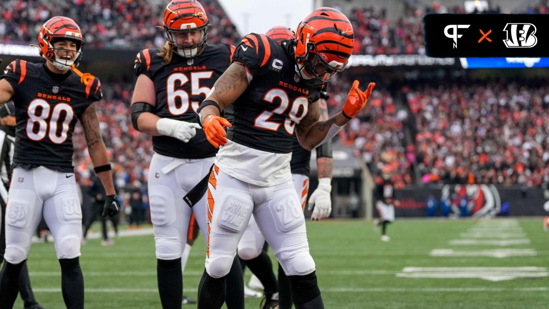 Cincinnati Bengals running back Joe Mixon (28) celebrates his first touchdown of the game in the first quarter of the NFL Week 18 game between the Cincinnati Bengals and the Cleveland Browns at Paycor Stadium in downtown Cincinnati on Sunday, Jan. 7, 2024.