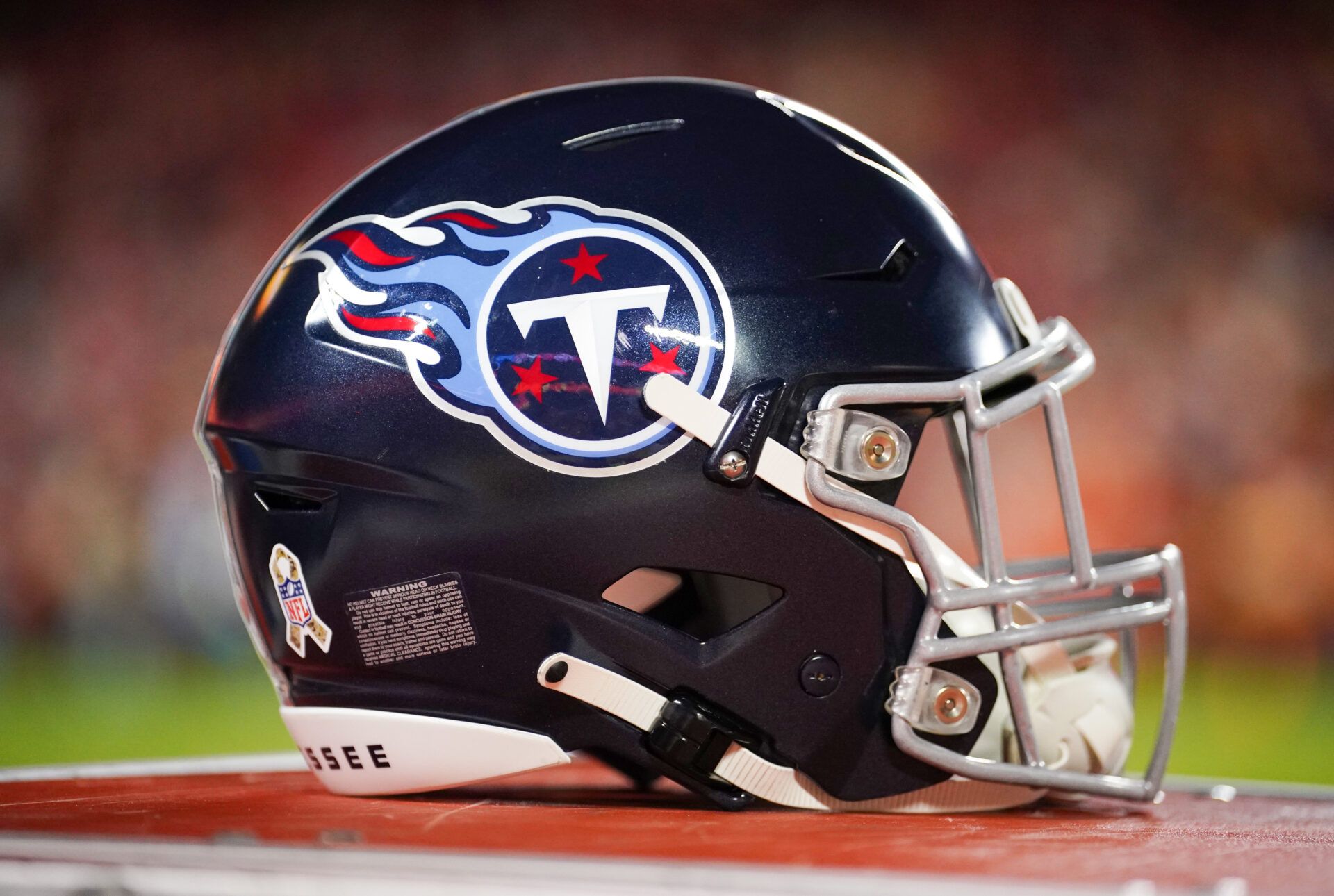 A general view of a Tennessee Titans helmet against the Kansas City Chiefs prior to the game at GEHA Field at Arrowhead Stadium.