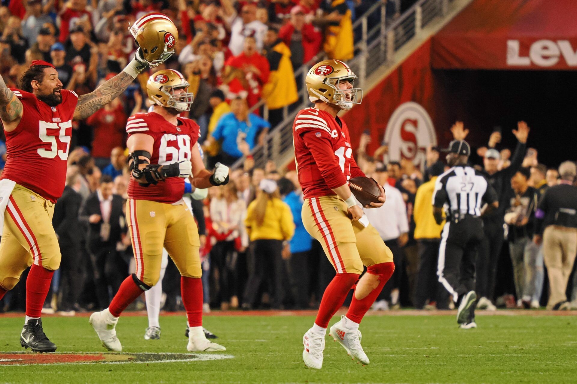 San Francisco 49ers quarterback Brock Purdy (13) celebrates after winning the NFC Championship football game against the Detroit Lions at Levi's Stadium.