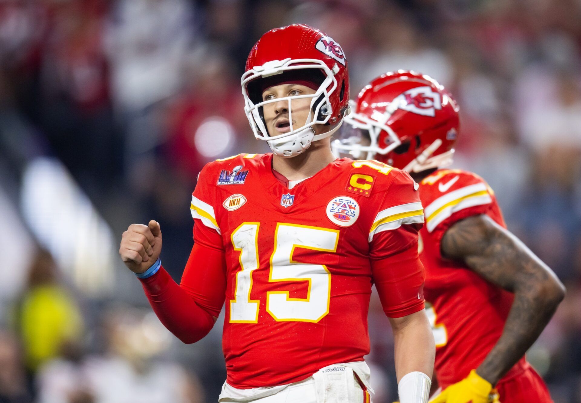 Kansas City Chiefs quarterback Patrick Mahomes (15) celebrates a play against the San Francisco 49ers during Super Bowl LVIII at Allegiant Stadium.