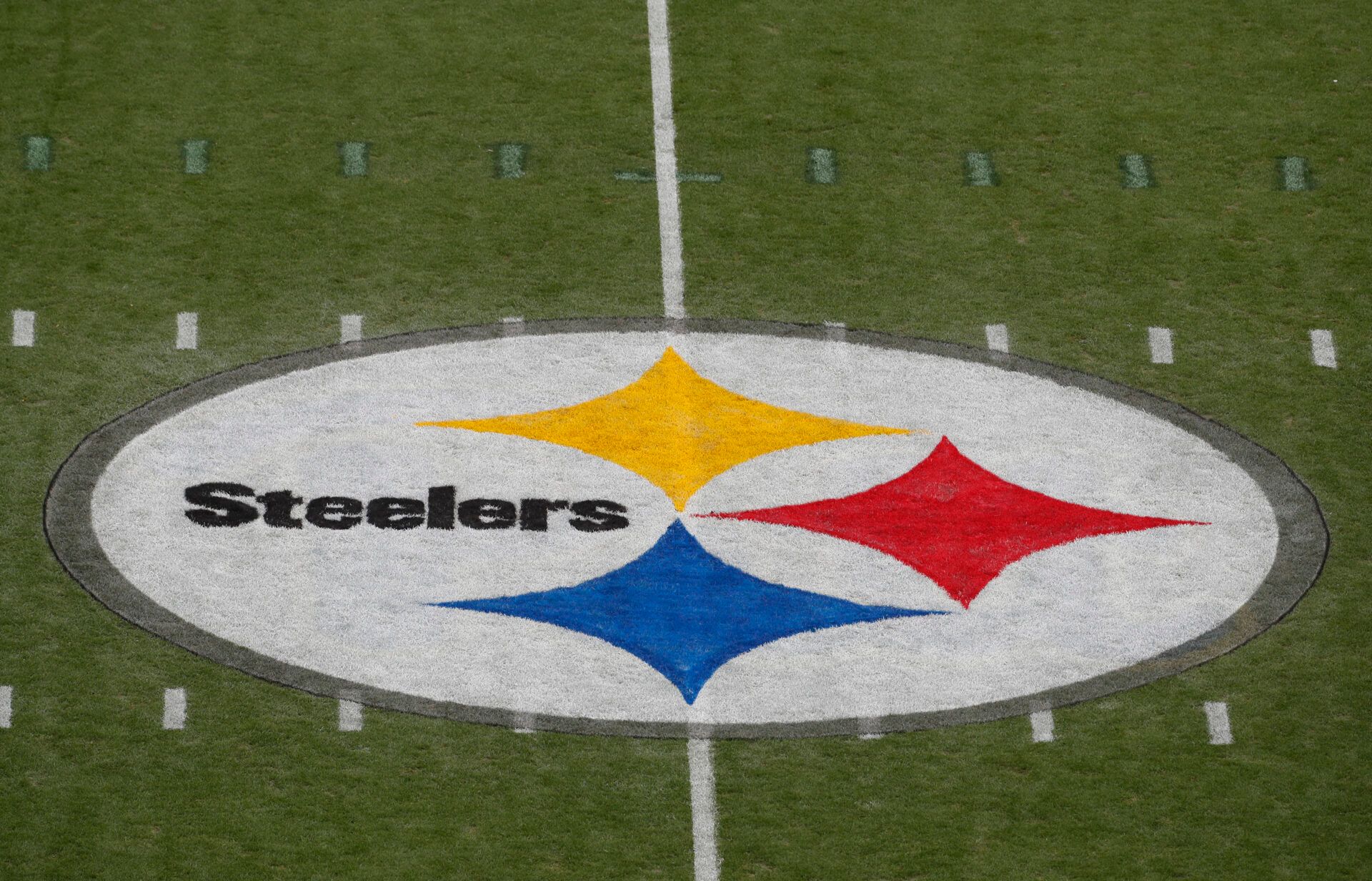 General view of the Steelers logo on the field field before the Pittsburgh Steelers host the San Francisco 49ers at Acrisure Stadium.