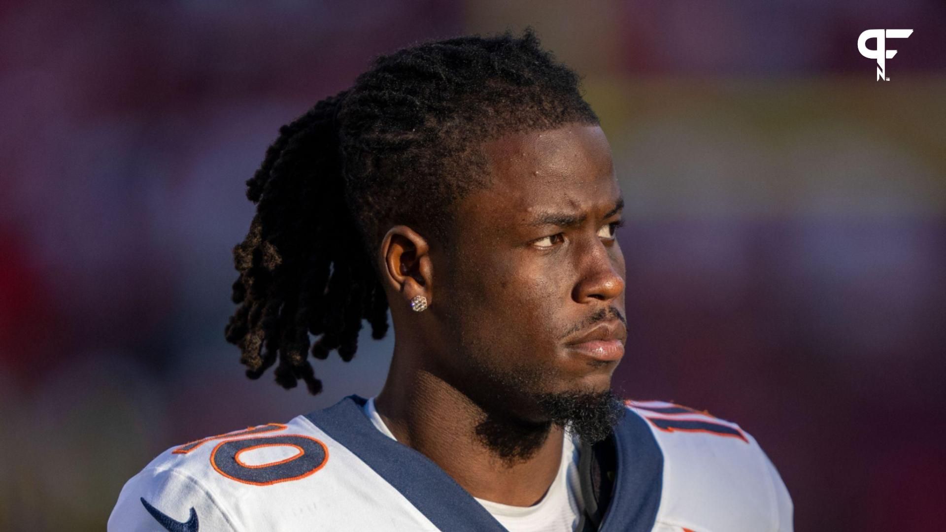 Denver Broncos wide receiver Jerry Jeudy (10) during halftime against the San Francisco 49ers at Levi's Stadium.