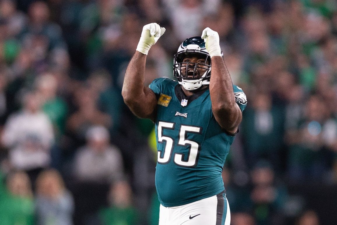 Philadelphia Eagles defensive end Brandon Graham (55) reacts after a sack during the fourth quarter against the Dallas Cowboys at Lincoln Financial Field.