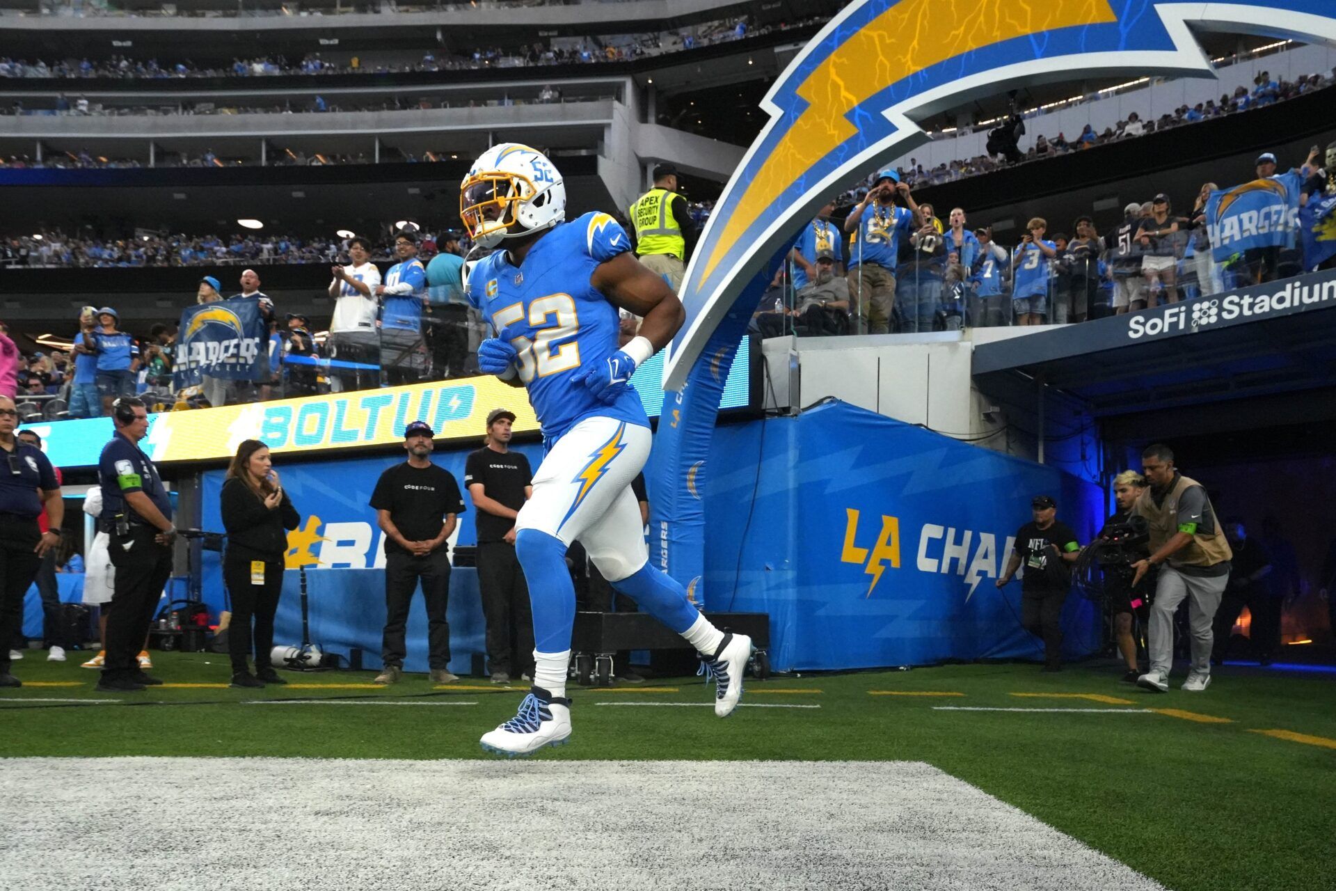 Los Angeles Chargers linebacker Khalil Mack (52) enters the field before the game against the Chicago Bears at SoFi Stadium.