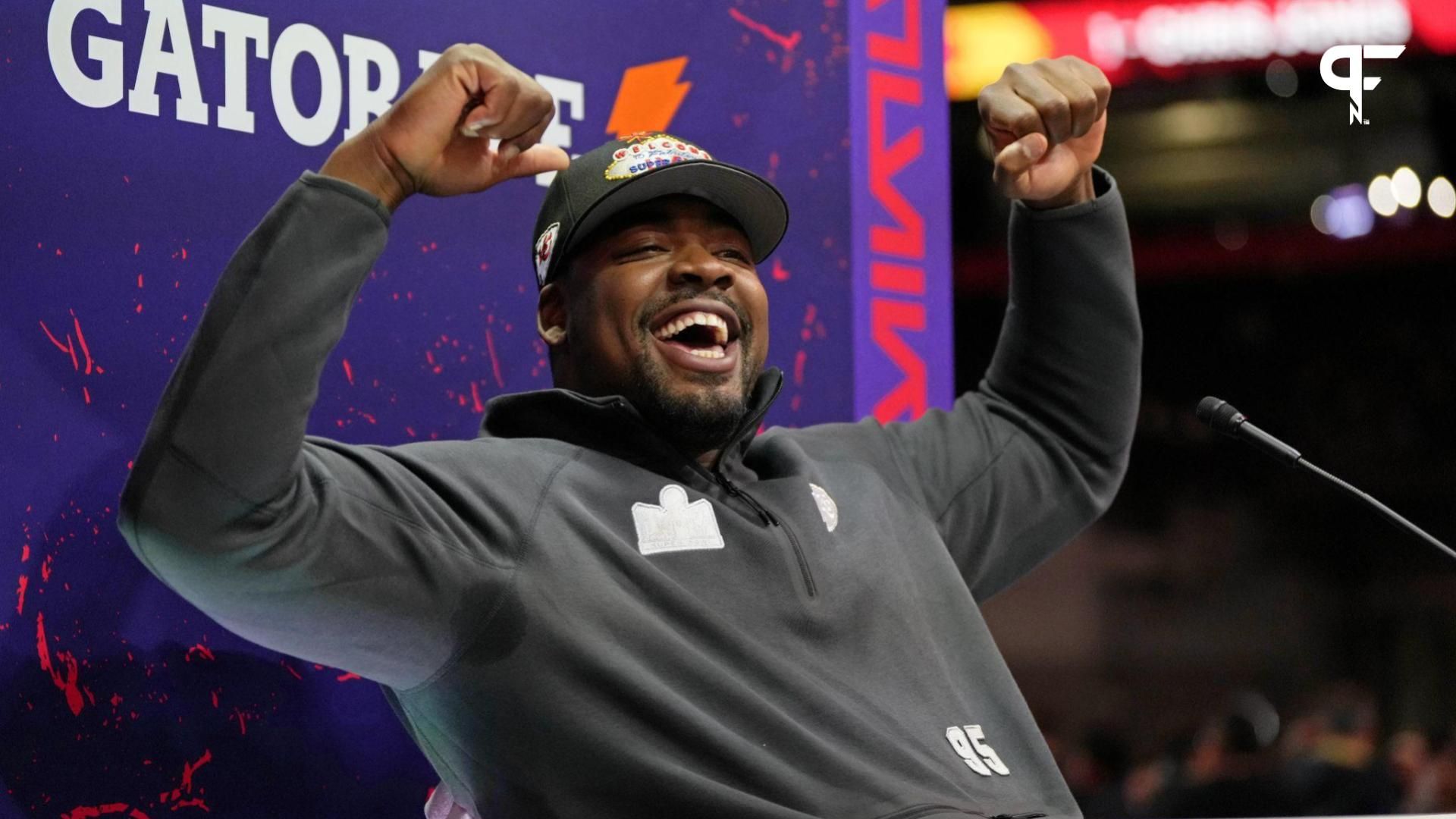 Kansas City Chiefs defensive tackle Chris Jones (95) talks to the media during Super Bowl LVIII Opening Night.