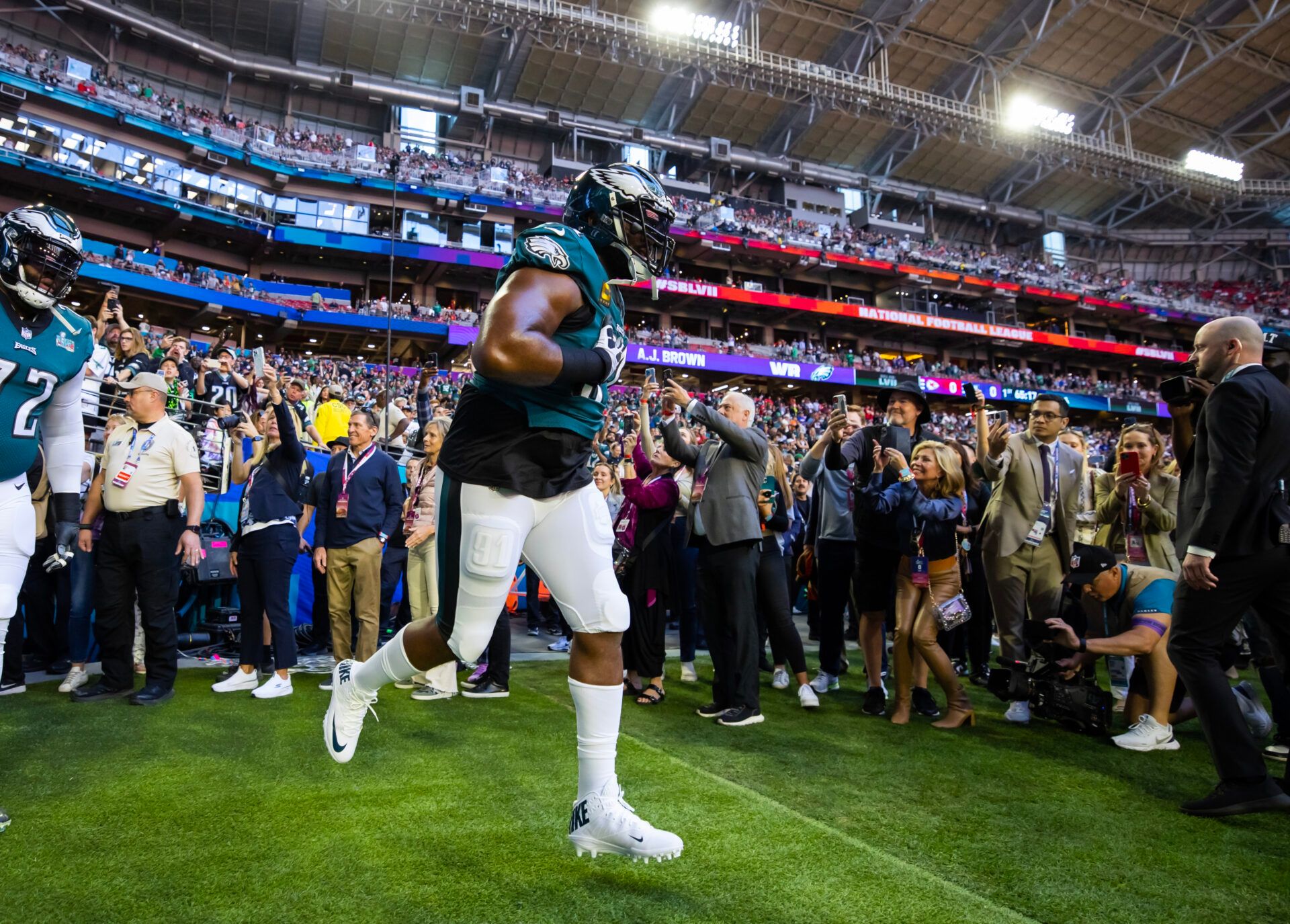 Philadelphia Eagles defensive tackle Fletcher Cox (91) against the Kansas City Chiefs during Super Bowl LVII at State Farm Stadium.