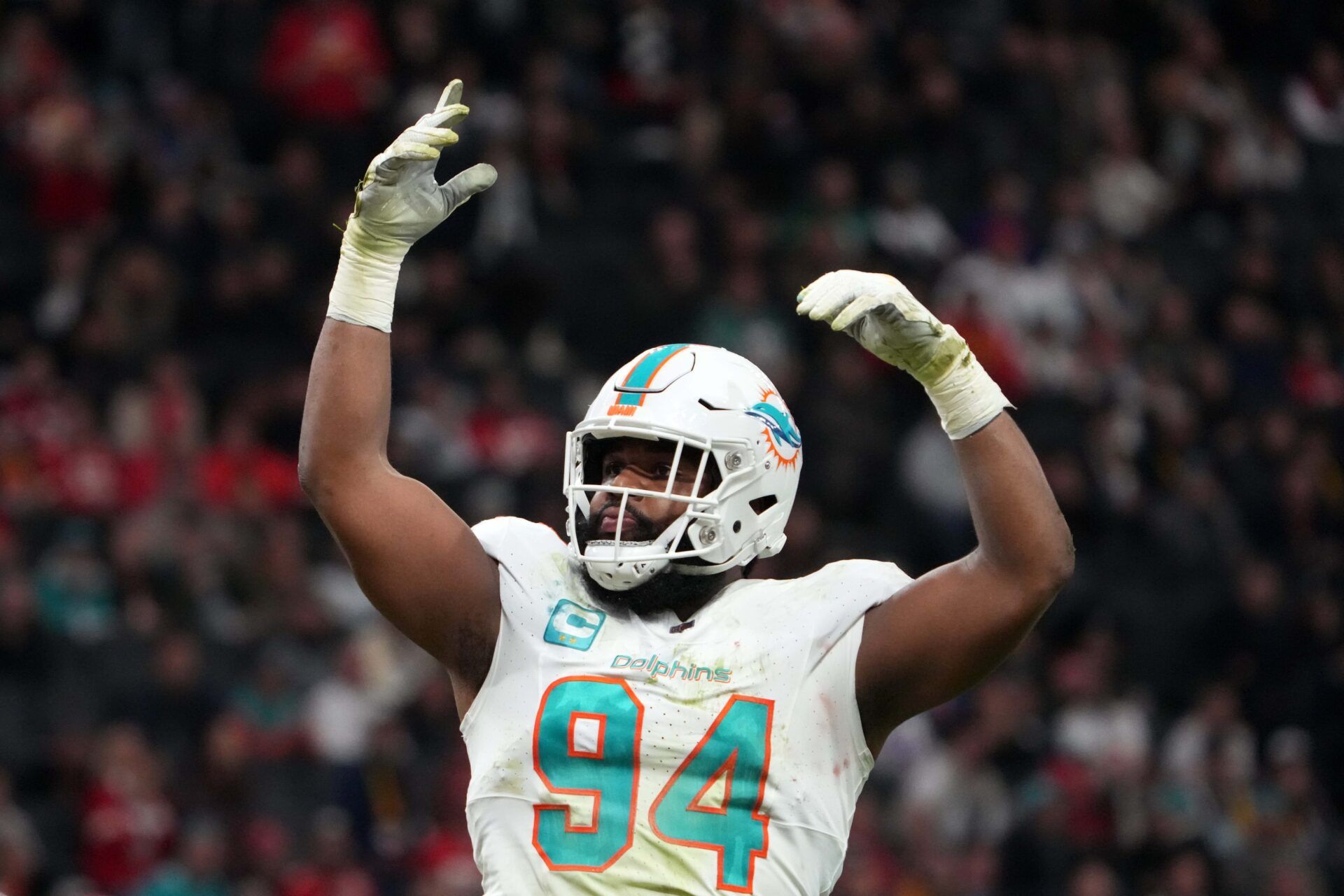 Miami Dolphins defensive tackle Christian Wilkins (94) reacts against the Kansas City Chiefs in the first half during an NFL International Series game at Deutsche Bank Park.