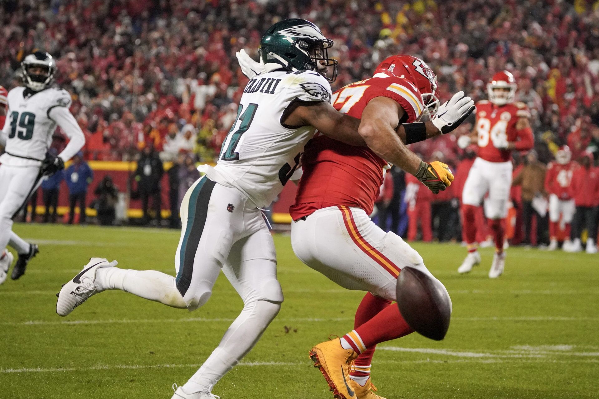 Philadelphia Eagles safety Kevin Byard (31) breaks up a pass intended for Kansas City Chiefs tight end Travis Kelce (87) during the first half at GEHA Field at Arrowhead Stadium.