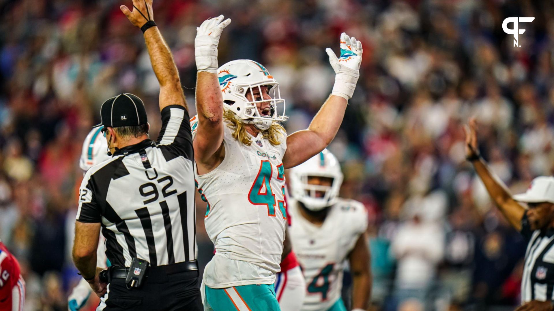 Miami Dolphins linebacker Andrew Van Ginkel (43) reacts after a play against the New England Patriots in the second half at Gillette Stadium.