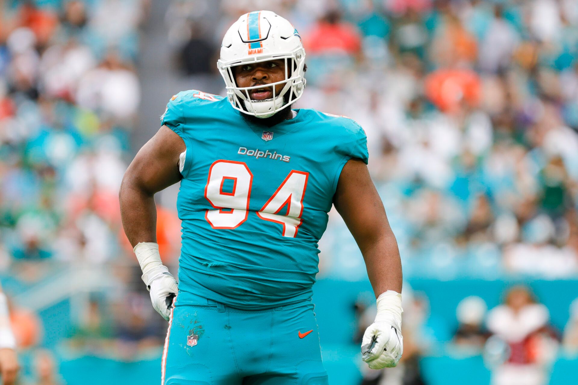 Miami Dolphins defensive end Christian Wilkins (94) looks on from the field during the first half of the game against the New York Jets at Hard Rock Stadium.