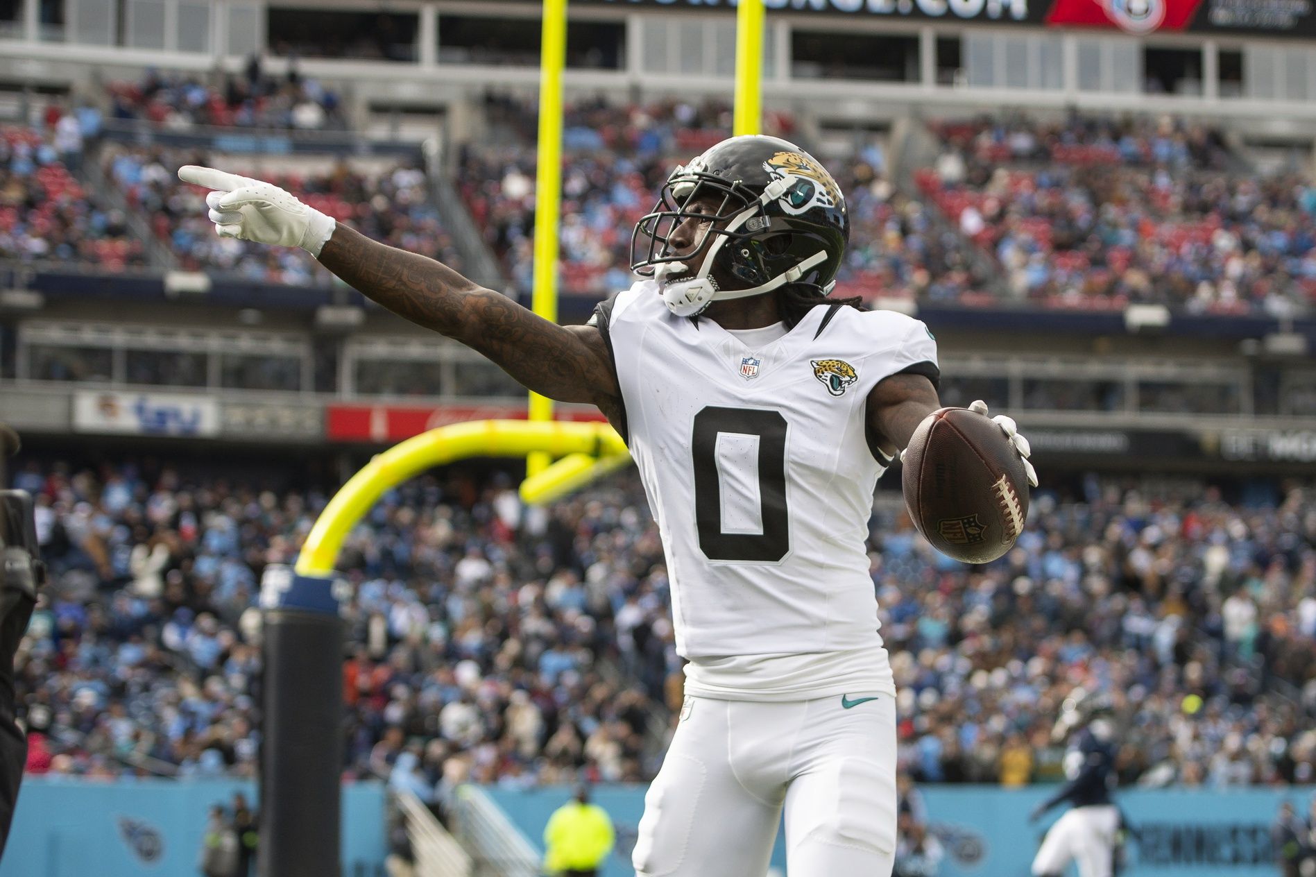 Jacksonville Jaguars wide receiver Calvin Ridley (0) reacts after scoring a touchdown against the Tennessee Titans