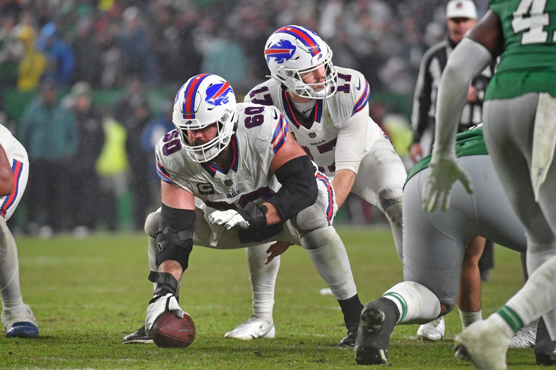 Buffalo Bills center Mitch Morse (60) prepares to snap the ball to quarterback Josh Allen (17) against the Philadelphia Eagles at Lincoln Financial Field.