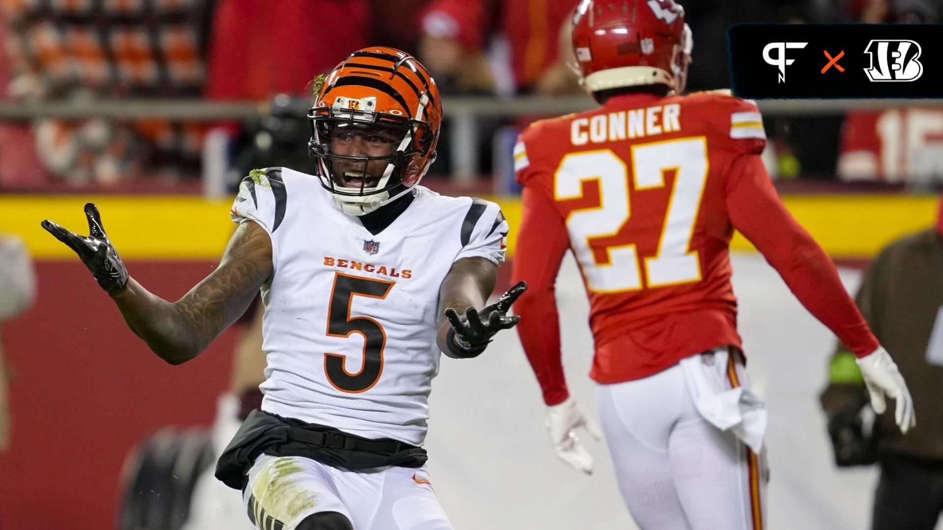 Cincinnati Bengals wide receiver Tee Higgins (5) reacts after a play against the Kansas City Chiefs during the second half at GEHA Field at Arrowhead Stadium.