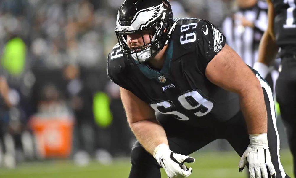 Philadelphia Eagles OL Landon Dickerson (69) gets set in his stance.