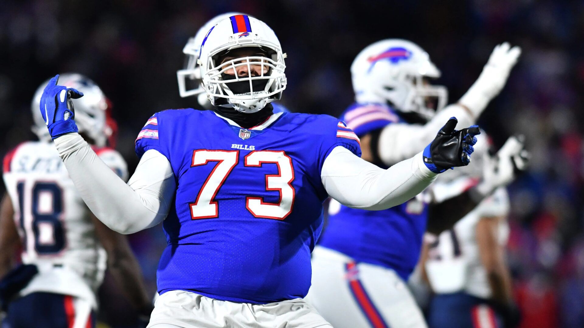 Buffalo Bills LT Dion Dawkins (73) celebrates after a play.