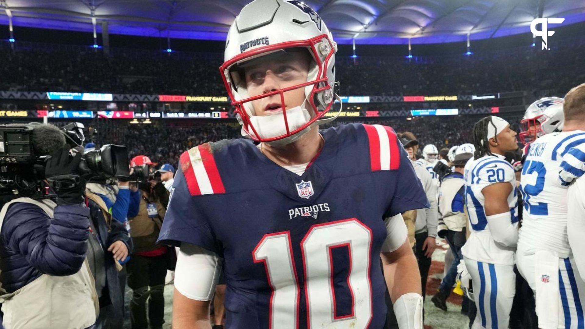 New England Patriots QB Mac Jones (10) walks off the field after a game against the Indianapolis Colts.