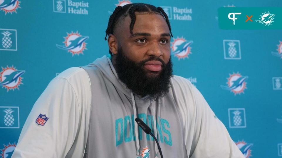 DT Christian Wilkins speaking at a Miami Dolphins press conference.