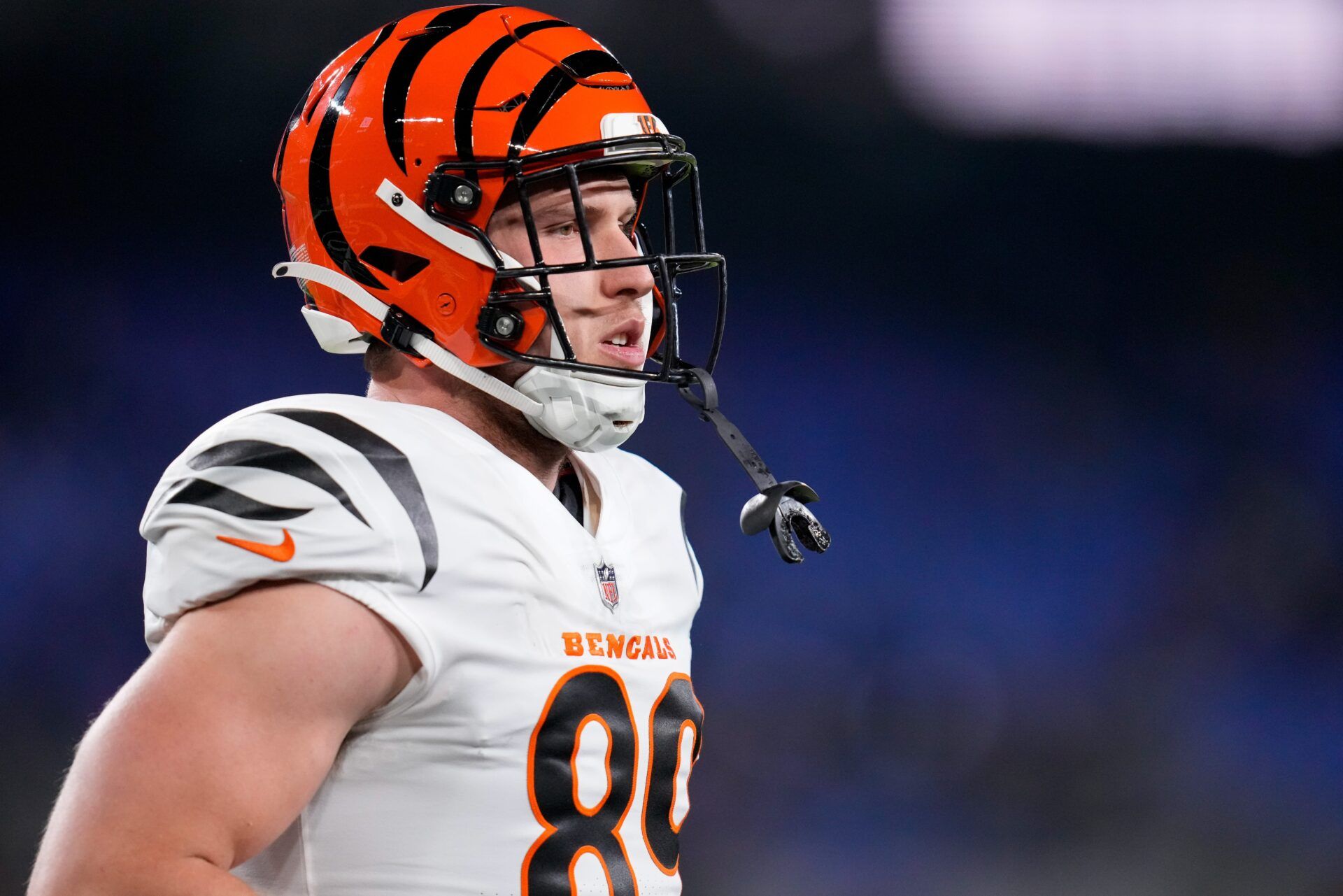 Cincinnati Bengals tight end Drew Sample (89) stretches during warmups before the first quarter of the NFL Week 11 game between the Baltimore Ravens and the Cincinnati Bengals at M&T Bank Stadium in Baltimore on Thursday, Nov. 16, 2023.