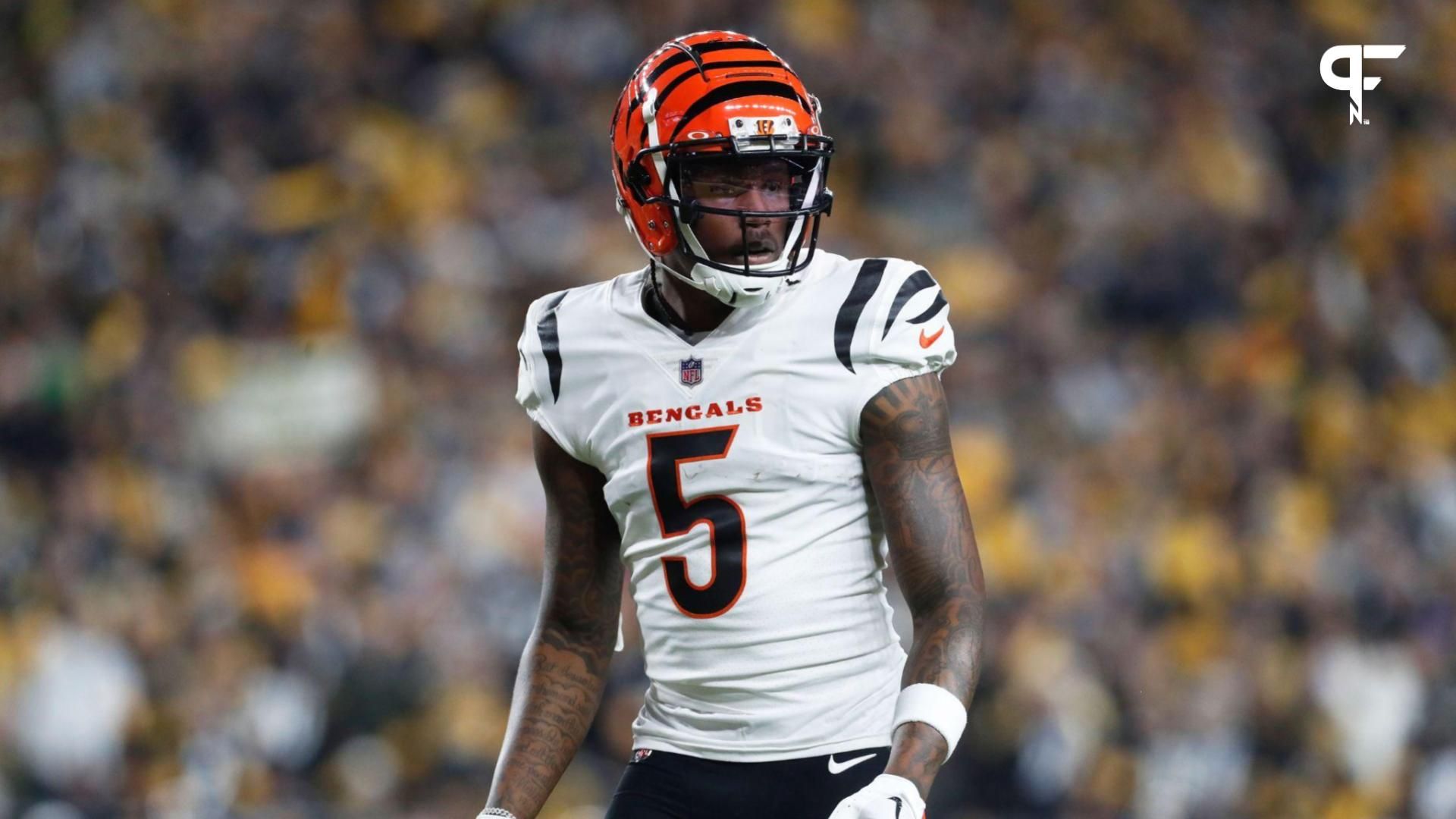 Cincinnati Bengals wide receiver Tee Higgins (5) at the line of scrimmage against the Pittsburgh Steelers during the second quarter at Acrisure Stadium.