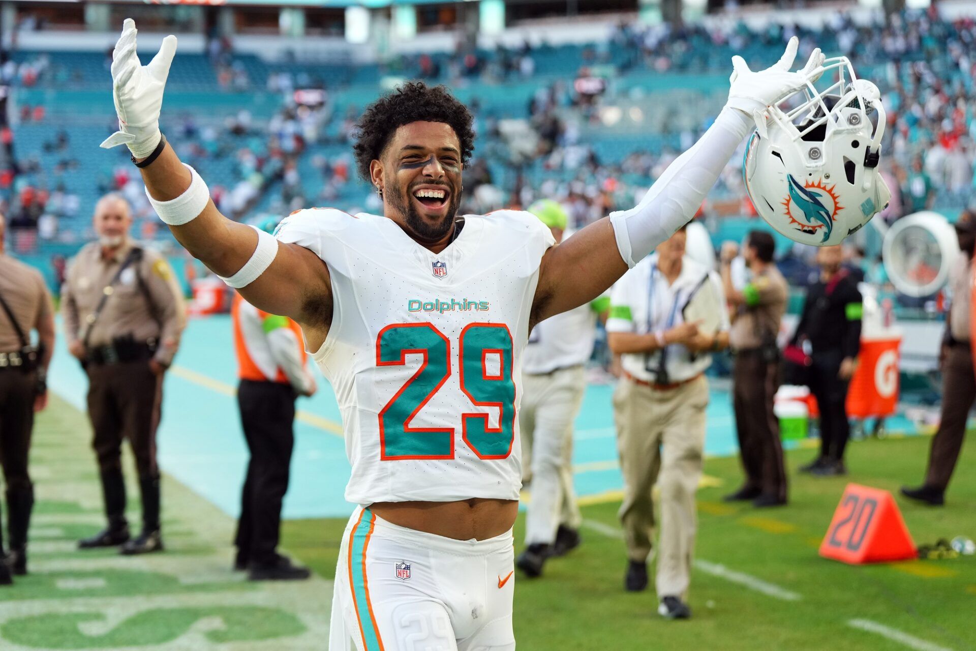 Miami Dolphins safety Brandon Jones (29) celebrates after defeating the New York Jets at Hard Rock Stadium.