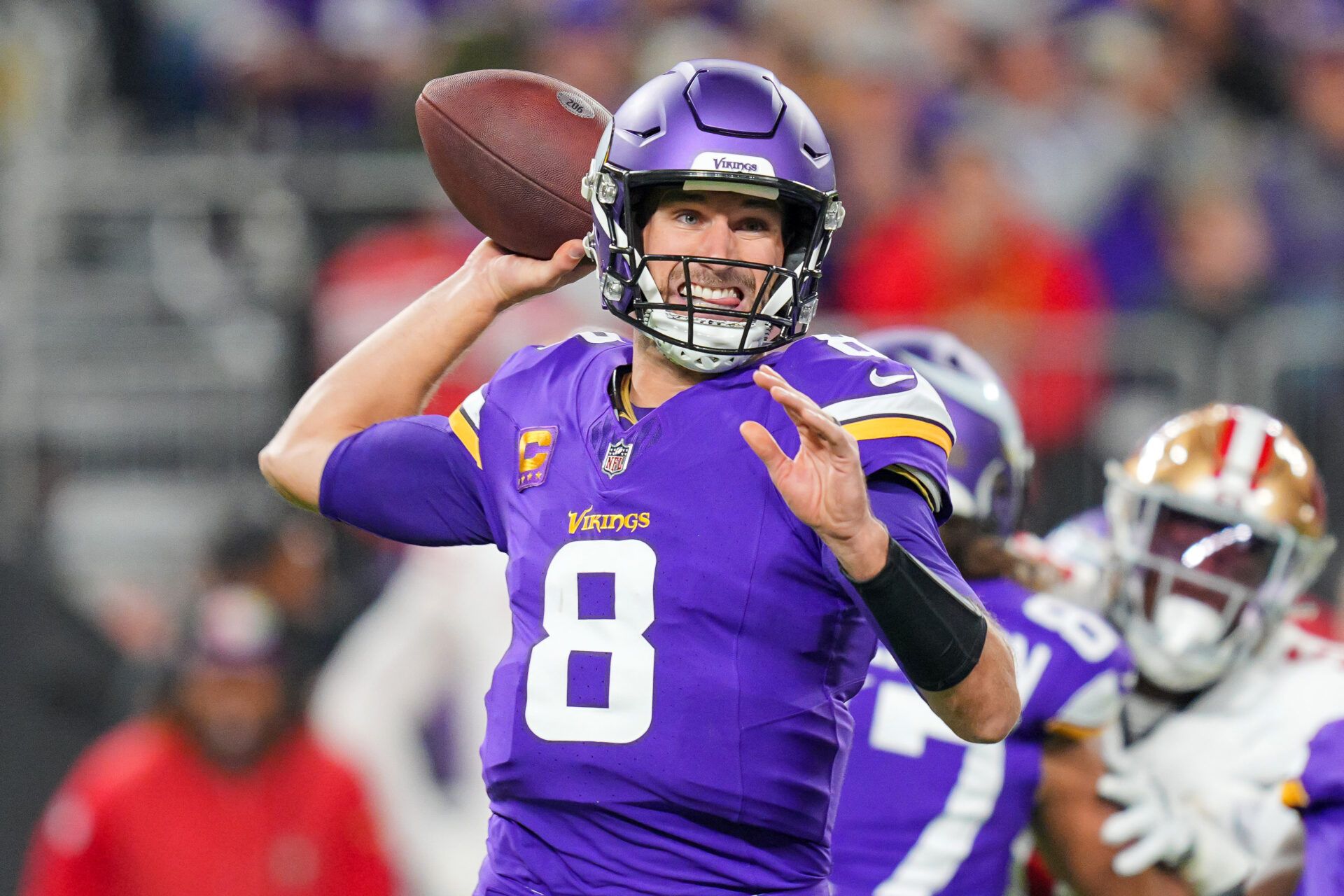 Oct 23, 2023; Minneapolis, Minnesota, USA; Minnesota Vikings quarterback Kirk Cousins (8) passes against the San Francisco 49ers in the first quarter at U.S. Bank Stadium. Mandatory Credit: Brad Rempel-USA TODAY Sports