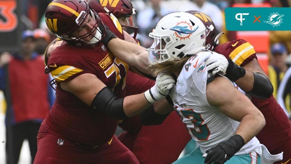 Washington Commanders offensive tackle Charles Leno Jr. (72) blocks Miami Dolphins linebacker Andrew Van Ginkel (43) during the first half at FedExField.