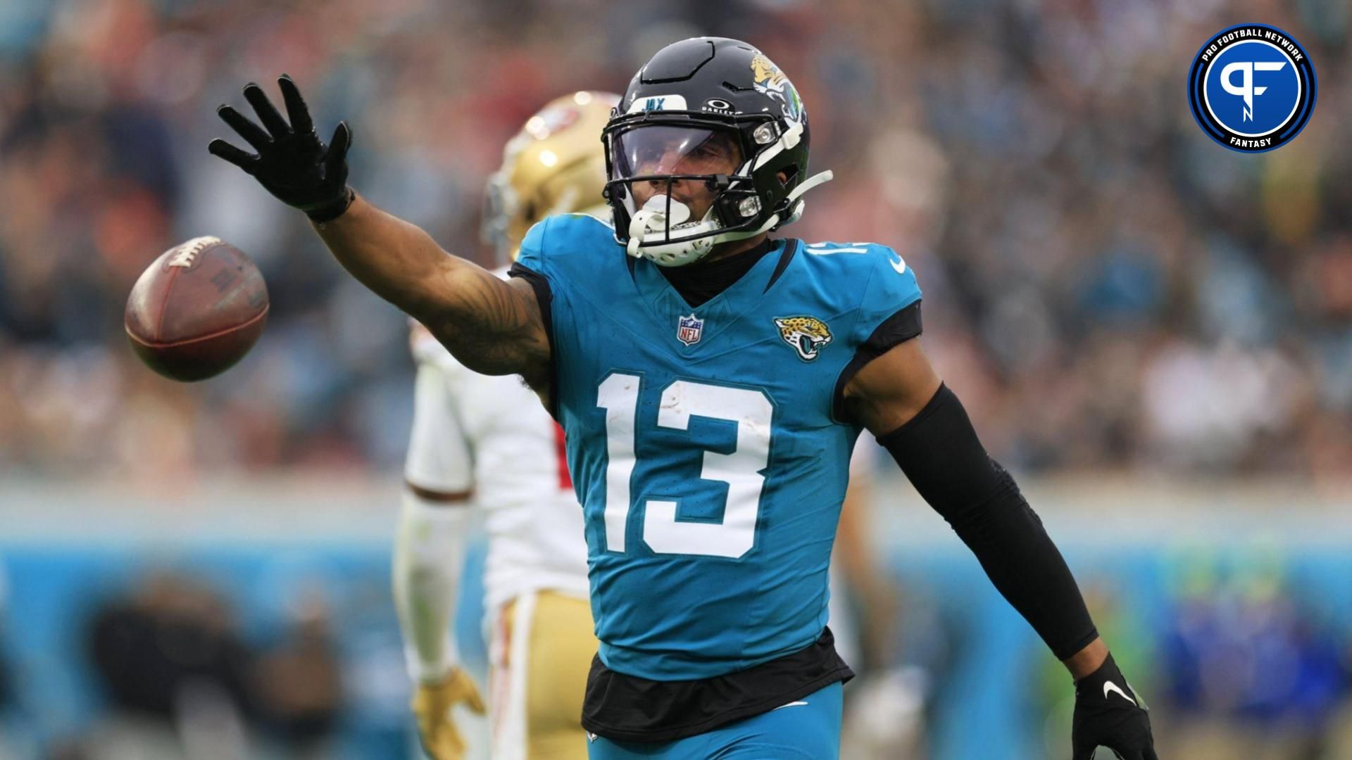 Jacksonville Jaguars wide receiver Christian Kirk (13) reacts to a reception during the third quarter of an NFL football game Sunday, Nov. 12, 2023 at EverBank Stadium.