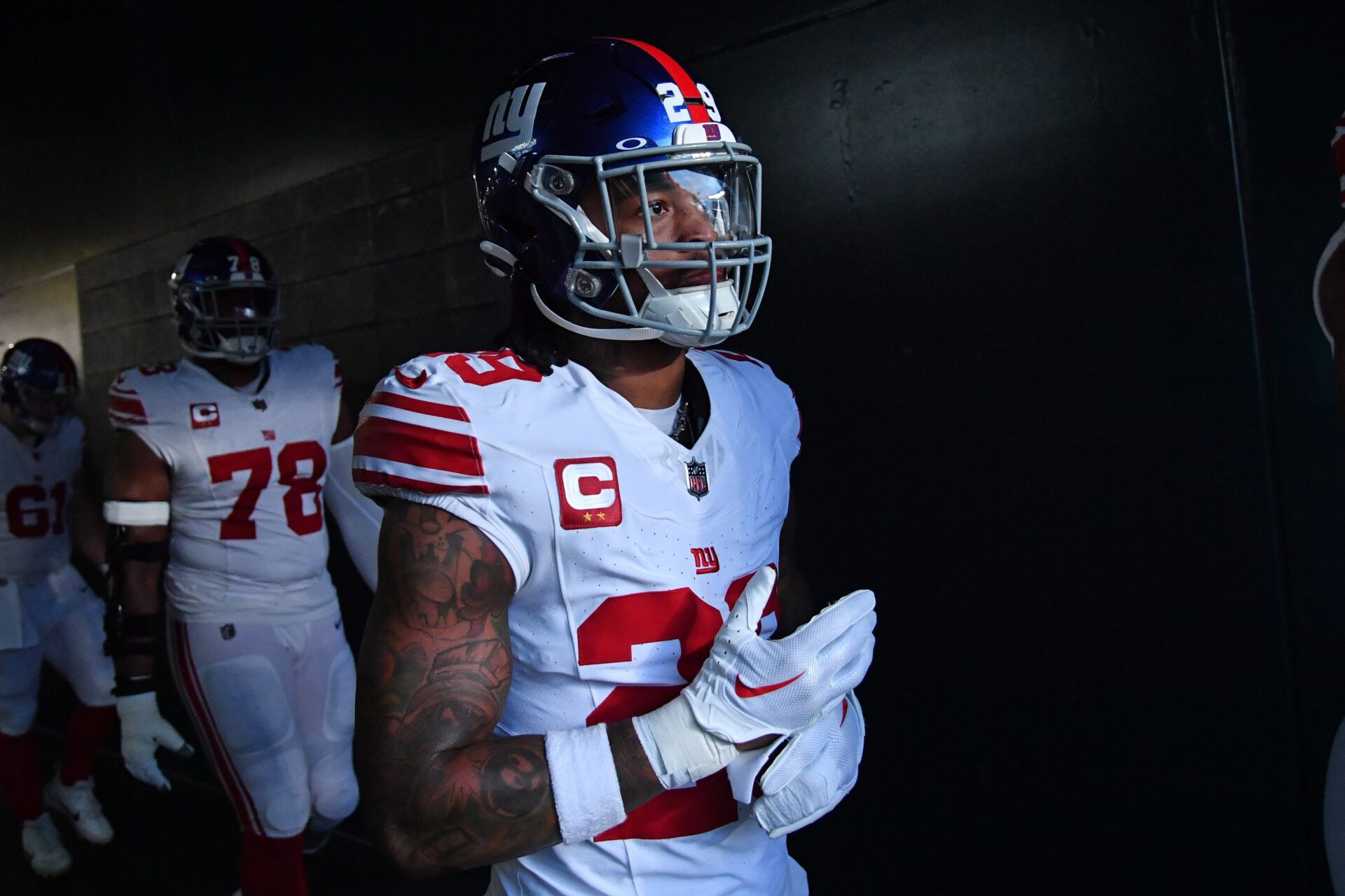 New York Giants safety Xavier McKinney (29) in the tunnel against the Philadelphia Eagles at Lincoln Financial Field.