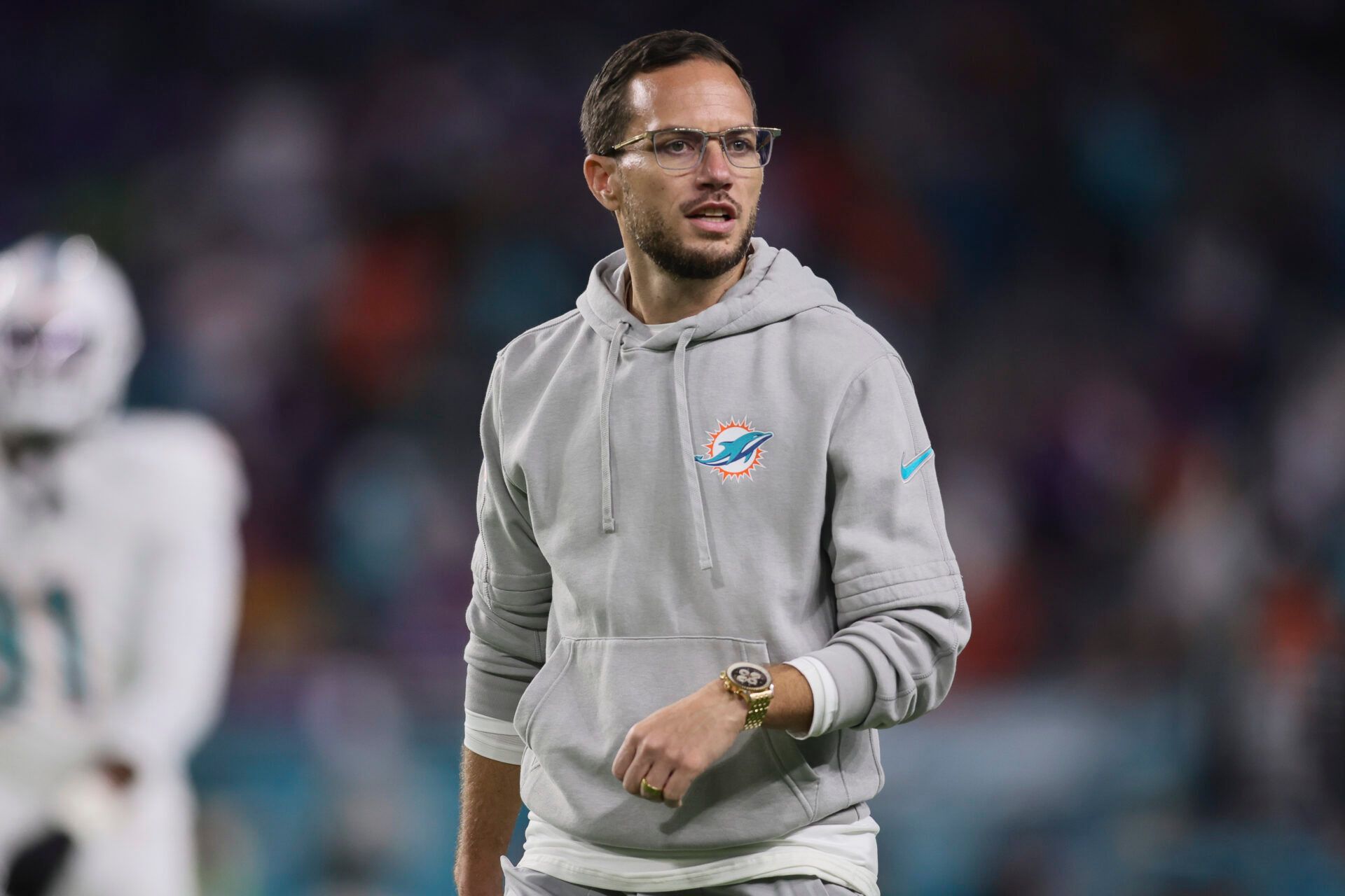 Miami Dolphins head coach Mike McDaniel looks on from the field prior to the game against the Buffalo Bills at Hard Rock Stadium.