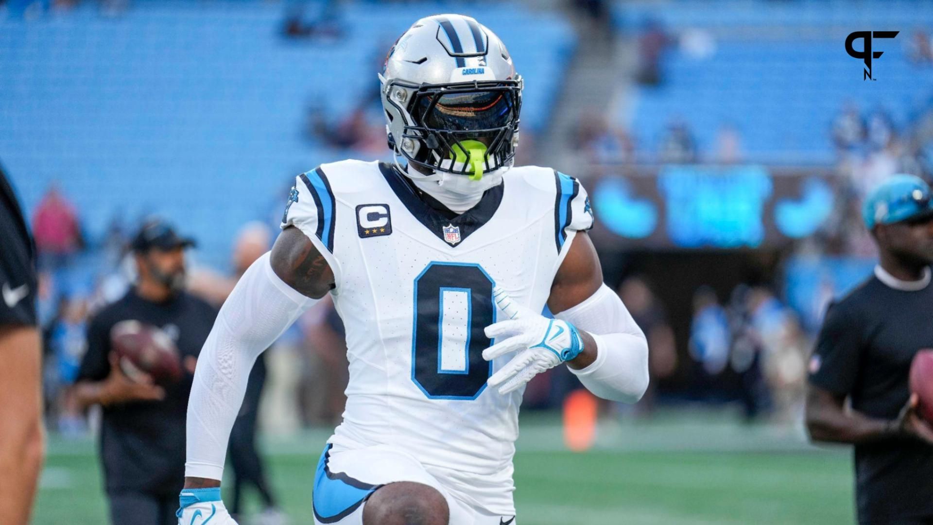 Carolina Panthers linebacker Brian Burns (0) during pregame warm ups against the New Orleans Saints at Bank of America Stadium.