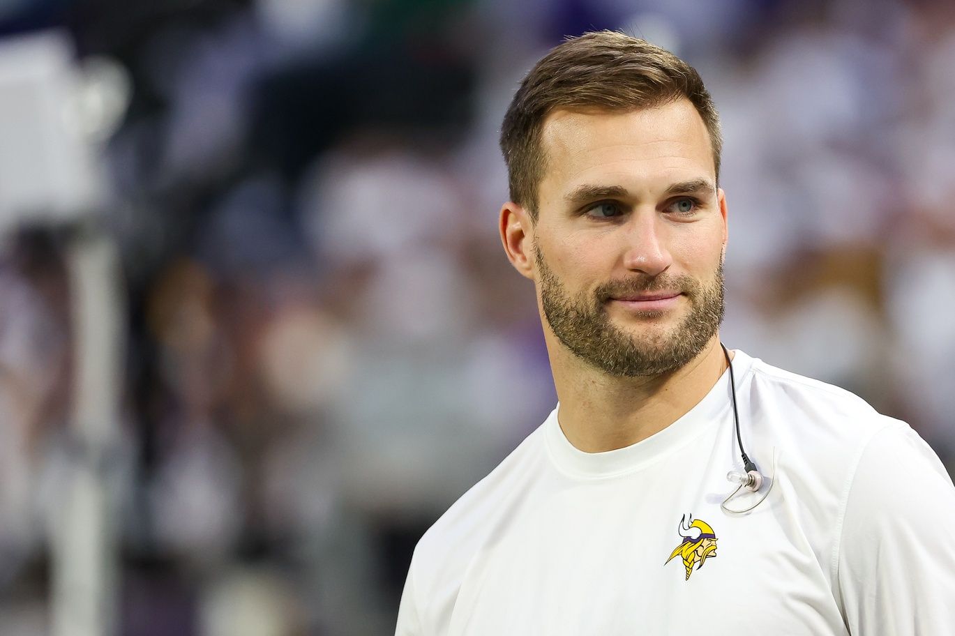 Dec 24, 2023; Minneapolis, Minnesota, USA; Minnesota Vikings quarterback Kirk Cousins (8) looks on from the bench during the second quarter against the Detroit Lions at U.S. Bank Stadium. Mandatory Credit: Matt Krohn-USA TODAY Sports