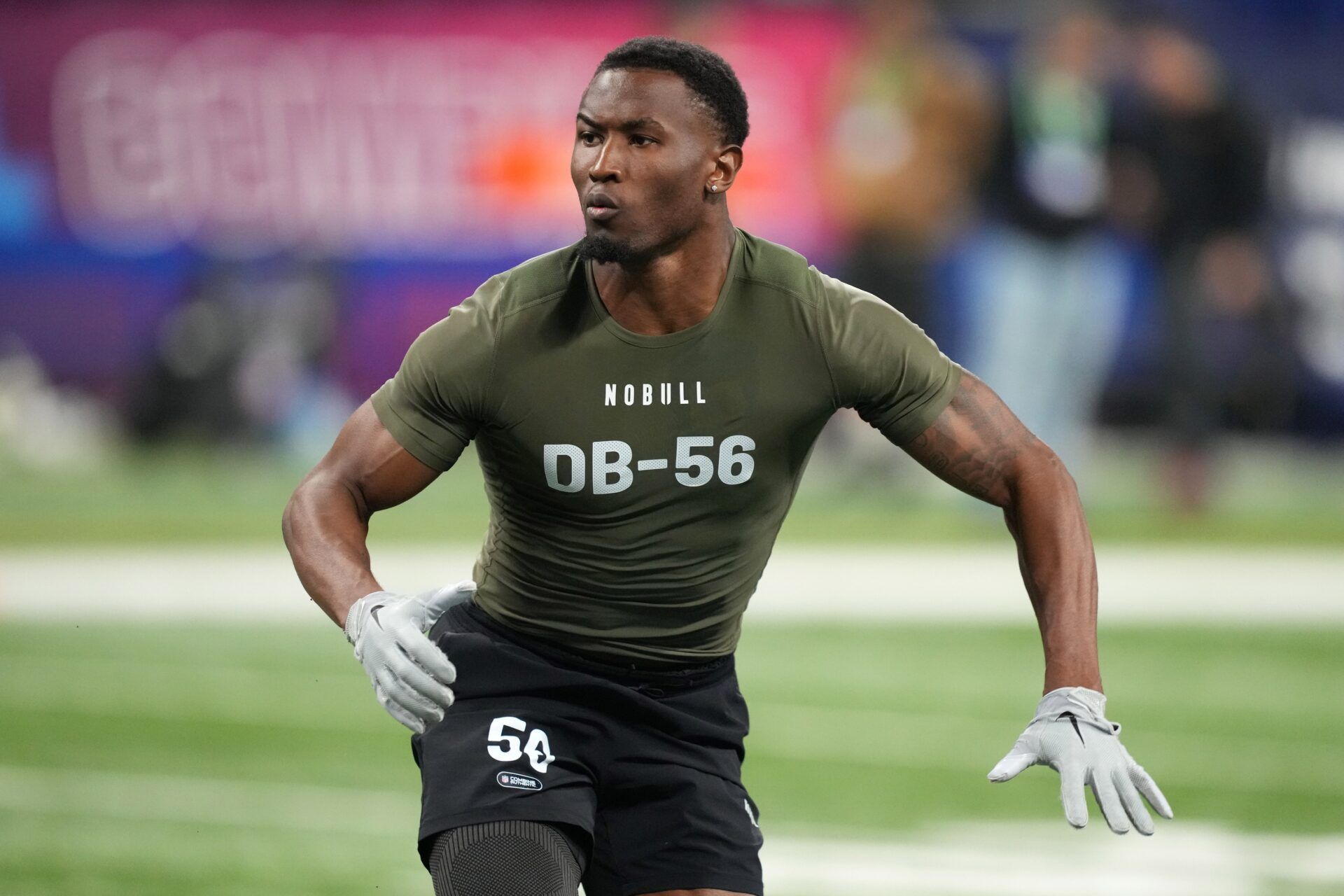 Minnesota defensive back Tyler Nubin (DB56) works out during the 2024 NFL Combine.