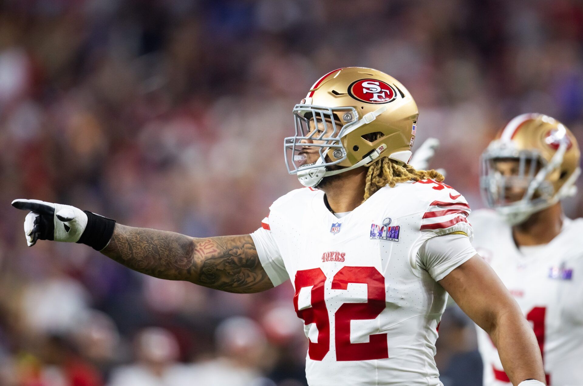 San Francisco 49ers defensive end Chase Young (92) reacts against the Kansas City Chiefs in Super Bowl LVIII.