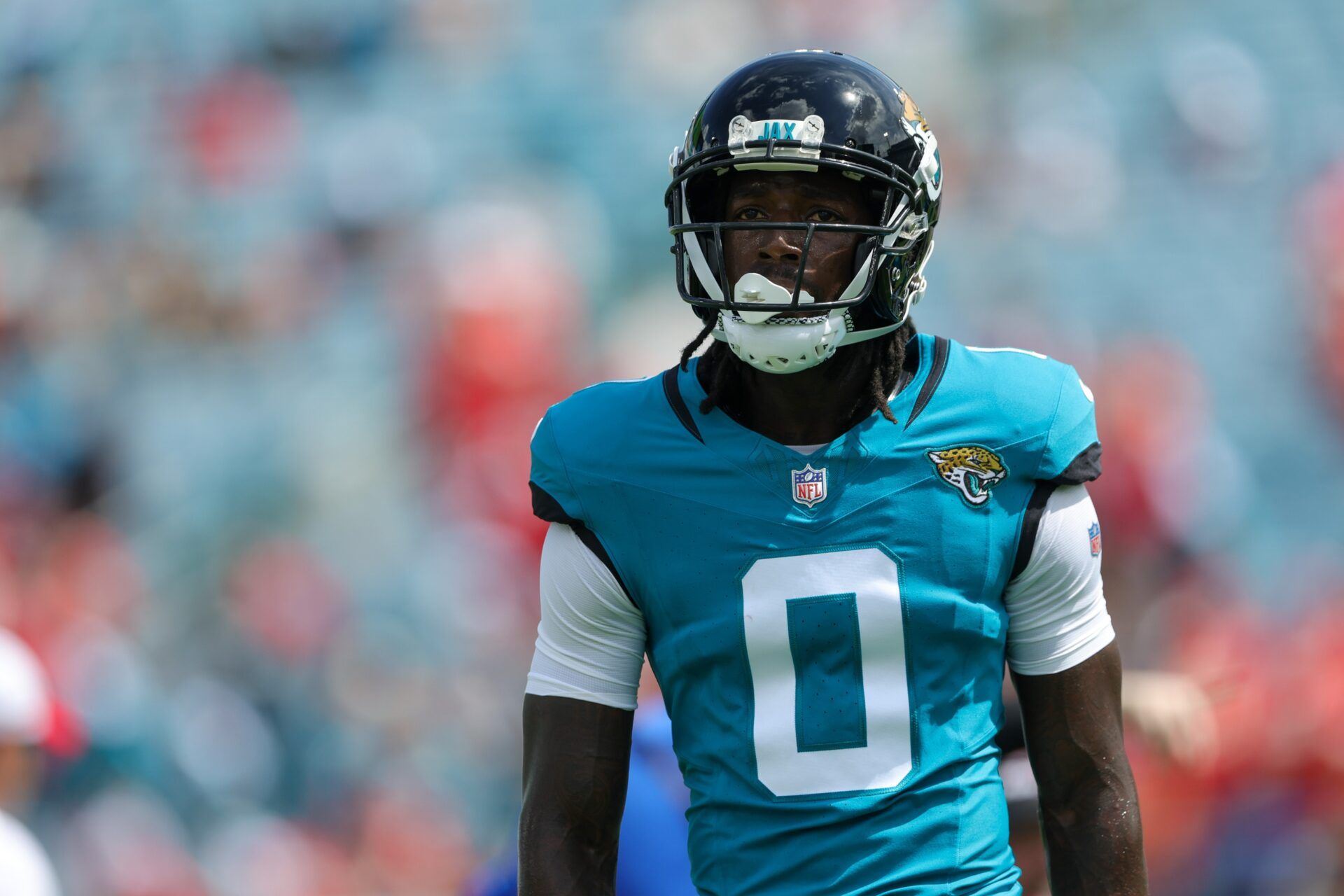 Sep 17, 2023; Jacksonville, Florida, USA; Jacksonville Jaguars wide receiver Calvin Ridley (0) warms up before a game against the Kansas City Chiefs at EverBank Stadium. Mandatory Credit: Nathan Ray Seebeck-USA TODAY Sports