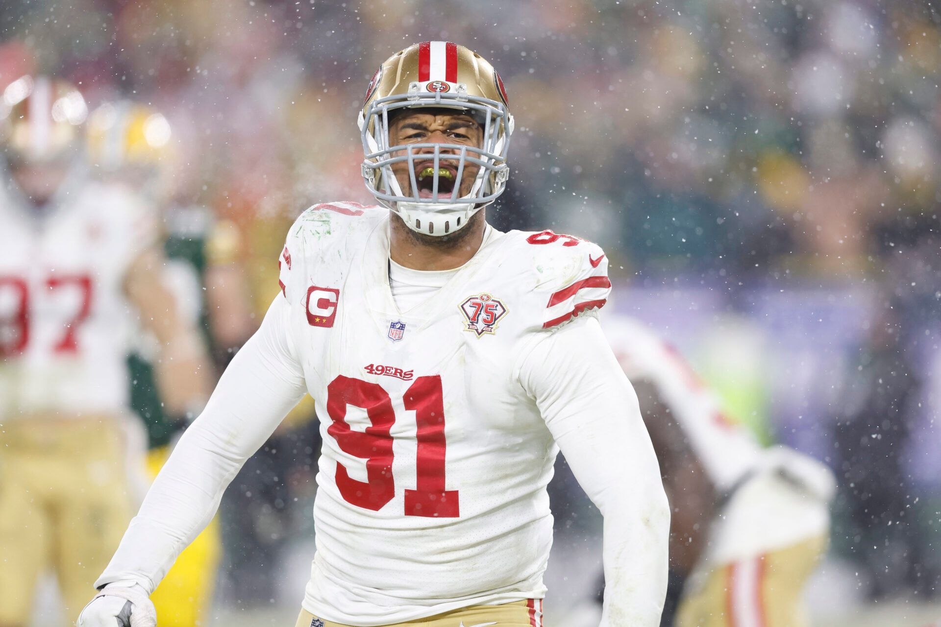 San Francisco 49ers defensive end Arik Armstead (91) reacts on the field against the Green Bay Packers in the second half during a NFC Divisional playoff football game at Lambeau Field.