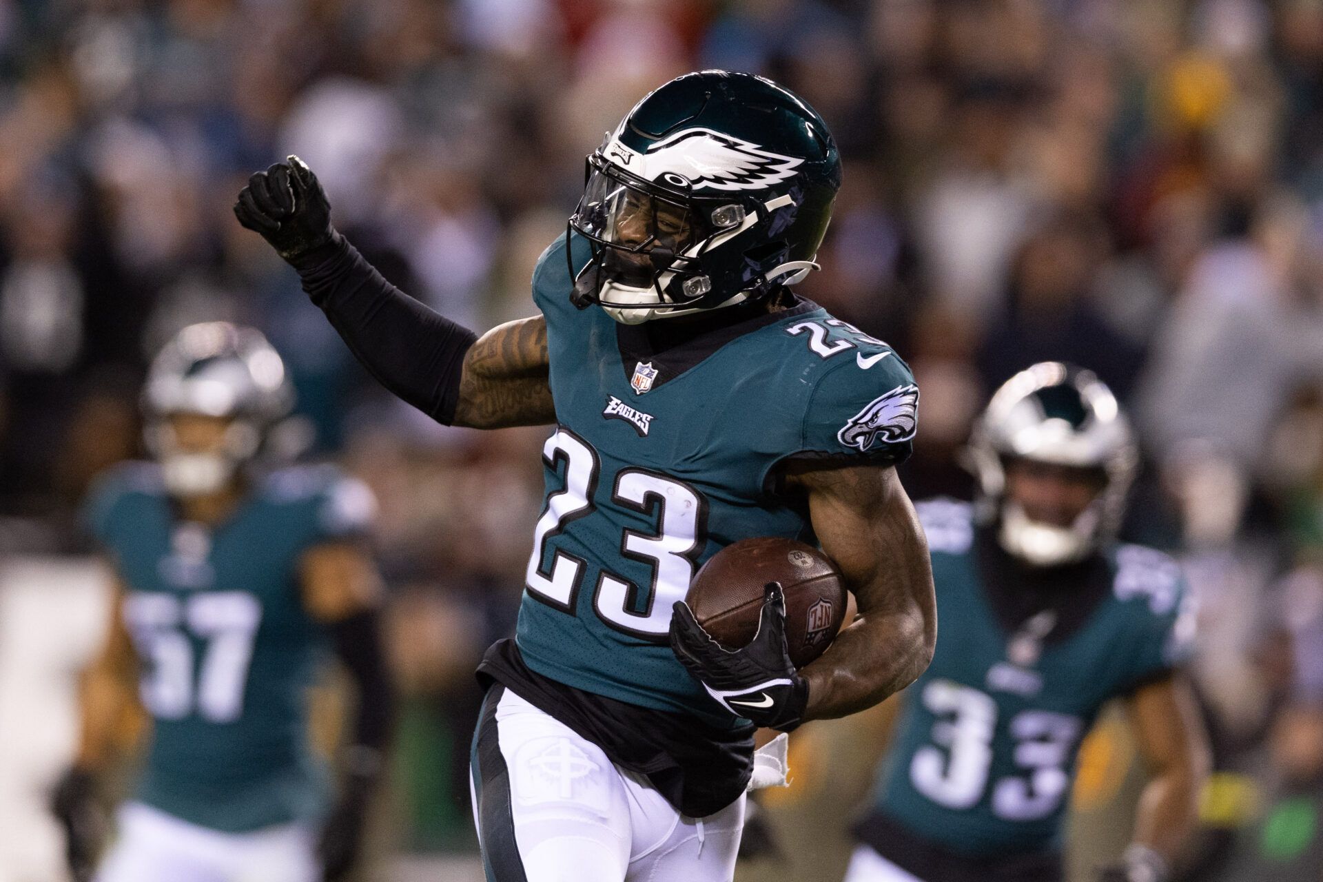 Philadelphia Eagles safety C.J. Gardner-Johnson (23) reacts after intercepting the ball during the fourth quarter against the Washington Commanders at Lincoln Financial Field.