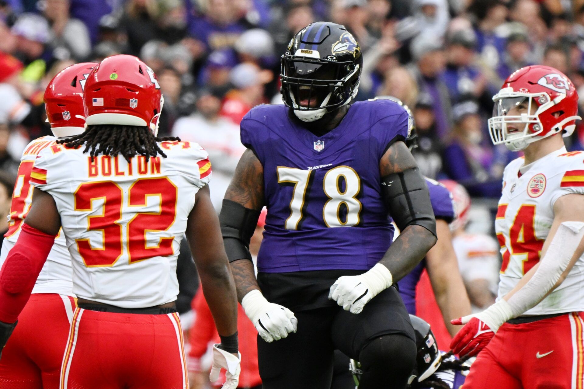 Baltimore Ravens offensive tackle Morgan Moses (78) reacts after a play against the Kansas City Chiefs.