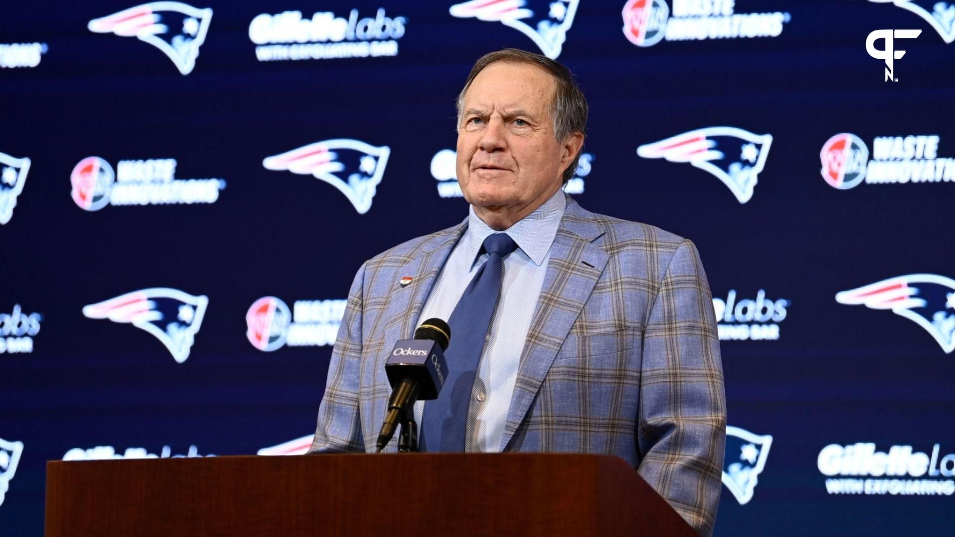 New England Patriots former head coach Bill Belichick holds a press conference at Gillette Stadium to announce his exit from the team.