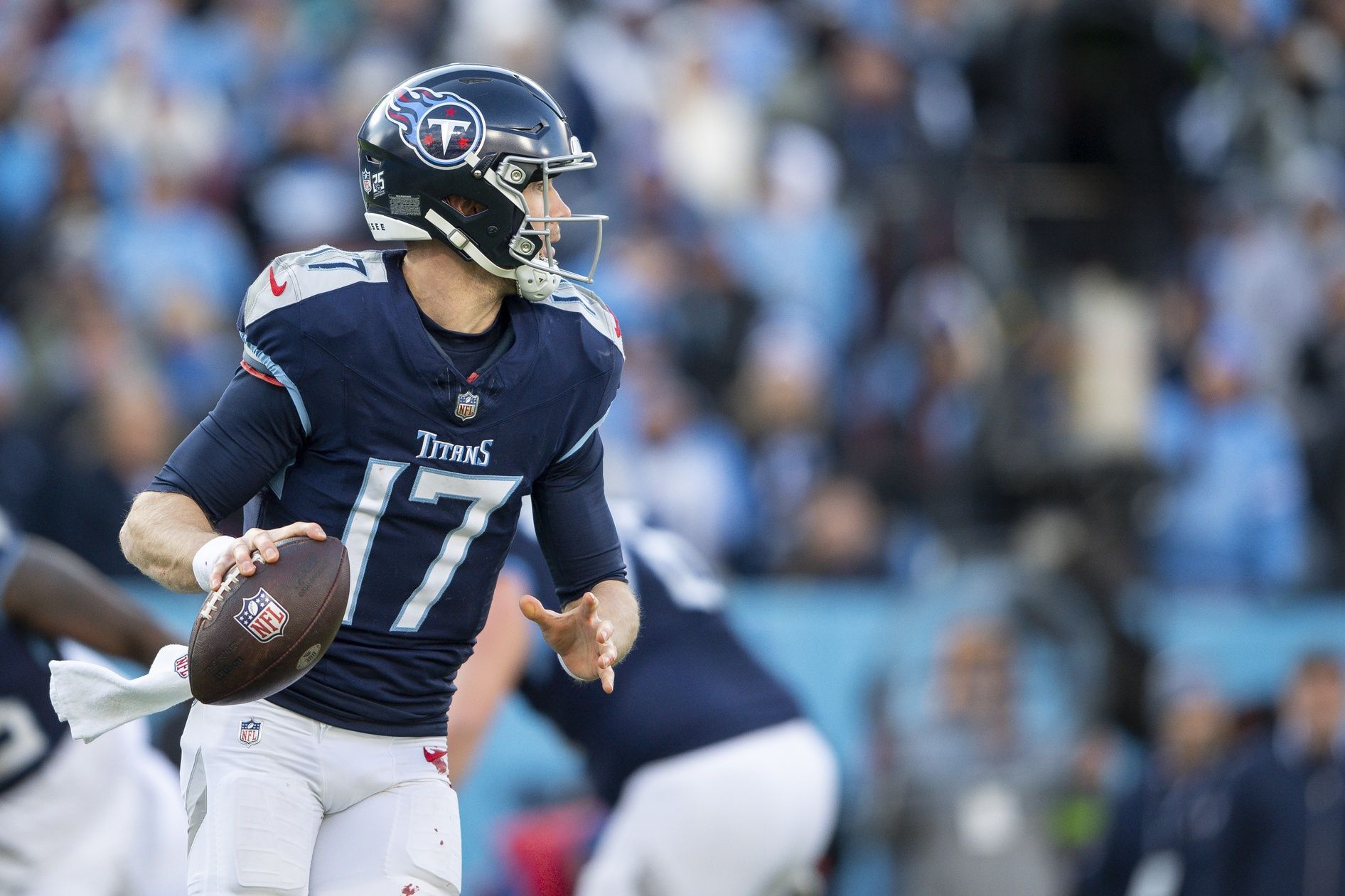 Tennessee Titans QB Ryan Tannehill (17) rolls out against the Jacksonville Jaguars.