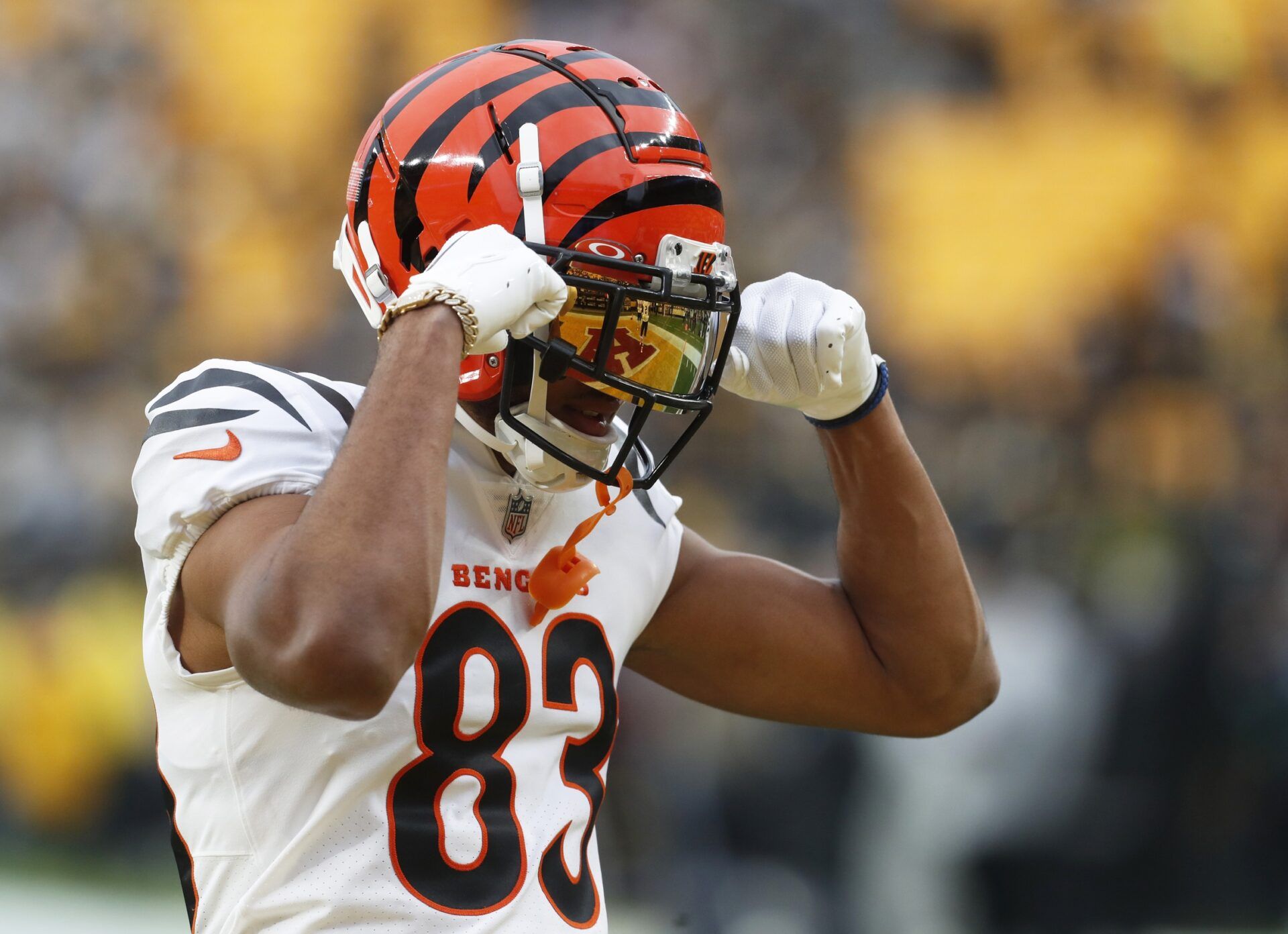 Cincinnati Bengals wide receiver Tyler Boyd (83) reacts during warm ups before the game against the Pittsburgh Steelers at Acrisure Stadium.